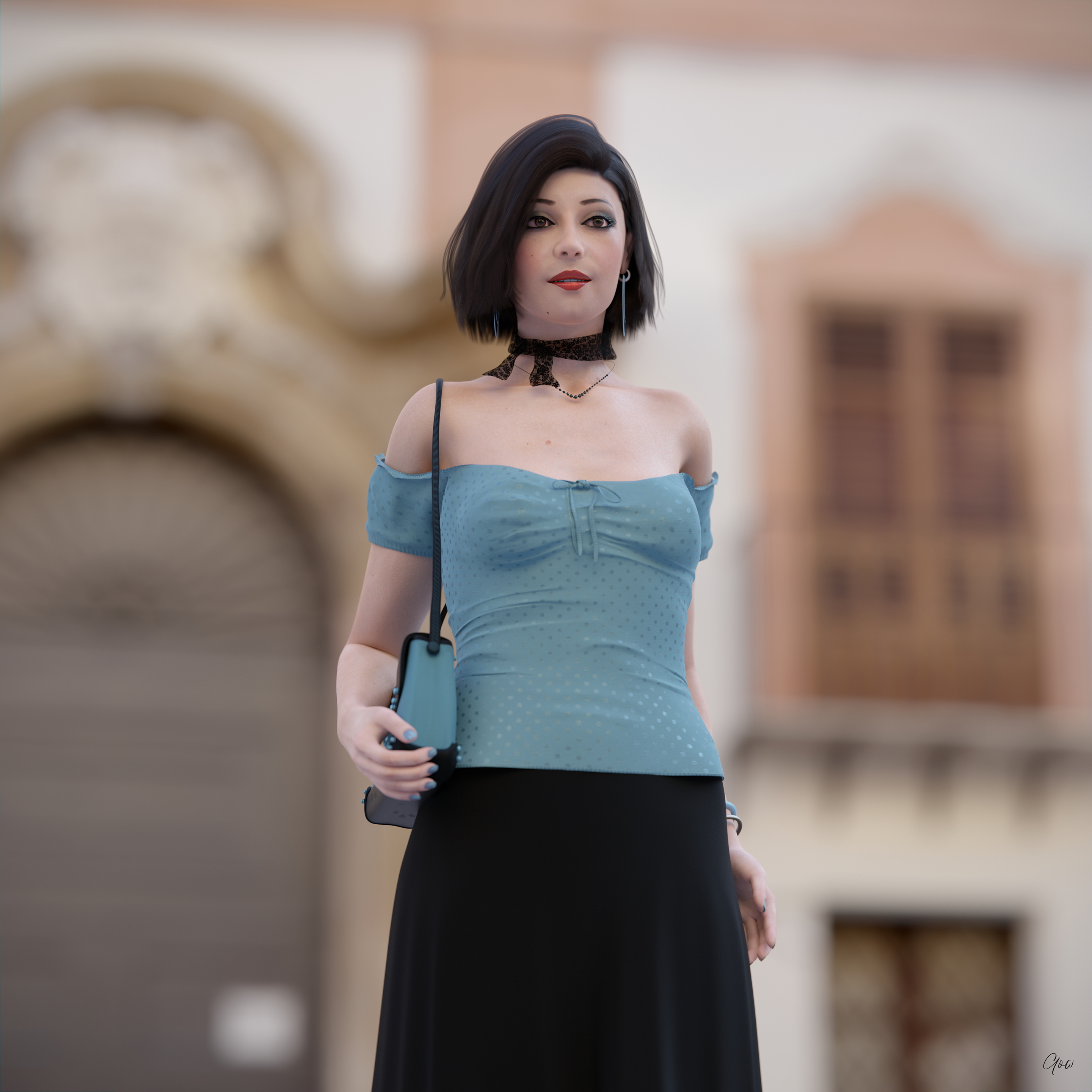 Wind on Blue  Outdoor Milf Sexy Brunette Nylon Pantyhose Upskirt Skirt Clothed Posing Standing No Panties Party Dress