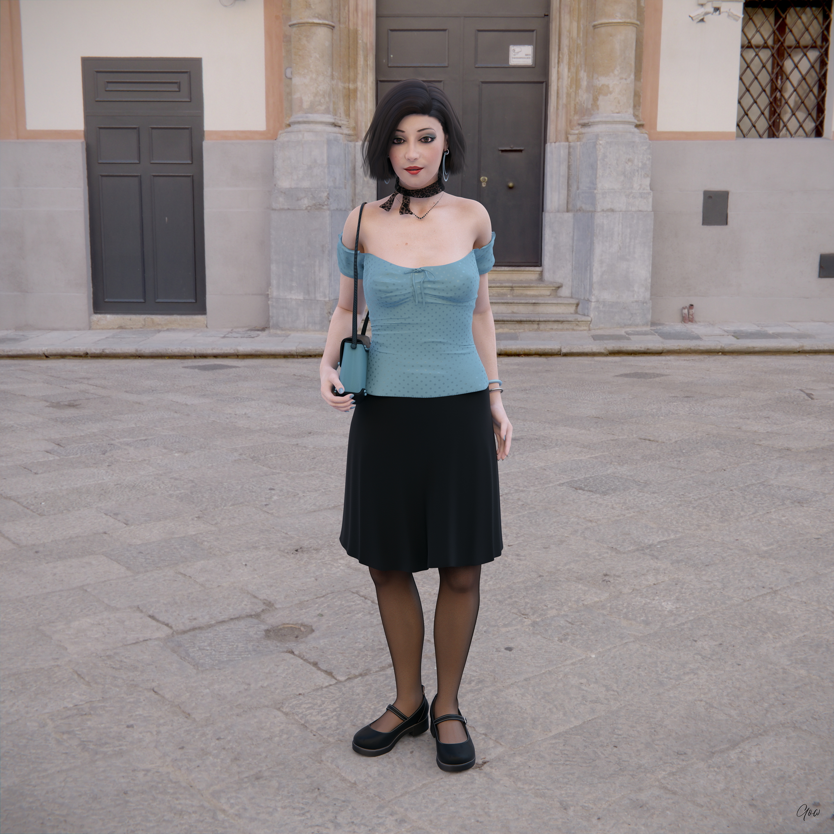 Wind on Blue  Outdoor Milf Sexy Brunette Nylon Pantyhose Upskirt Skirt Clothed Posing Standing No Panties Party Dress 2