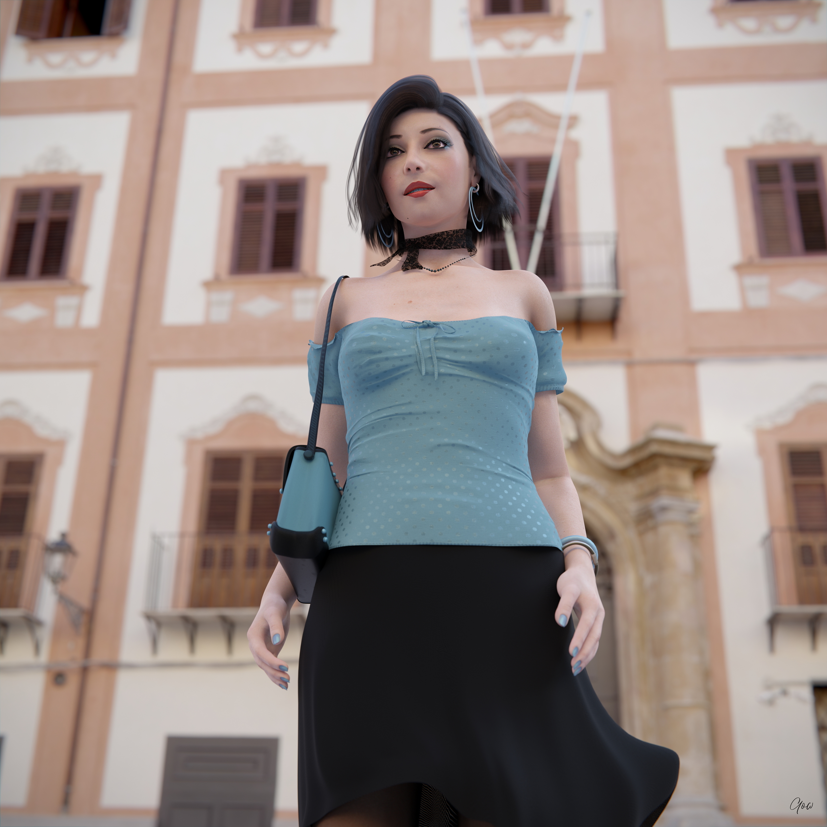Wind on Blue  Outdoor Milf Sexy Brunette Nylon Pantyhose Upskirt Skirt Clothed Posing Standing No Panties Party Dress 3