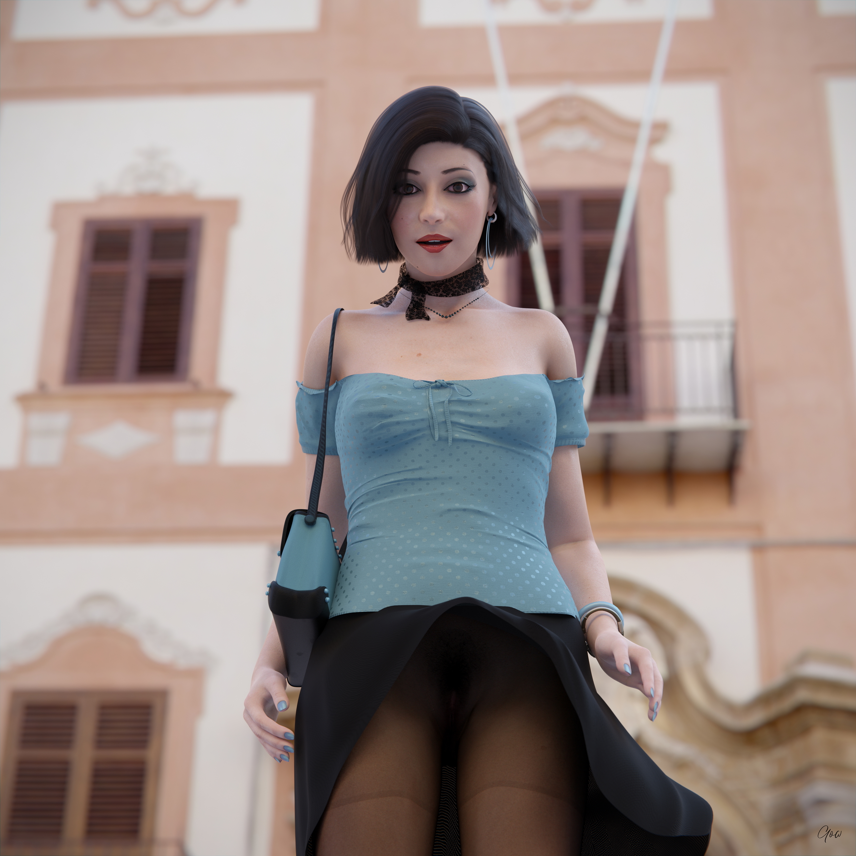Wind on Blue  Outdoor Milf Sexy Brunette Nylon Pantyhose Upskirt Skirt Clothed Posing Standing No Panties Party Dress 5