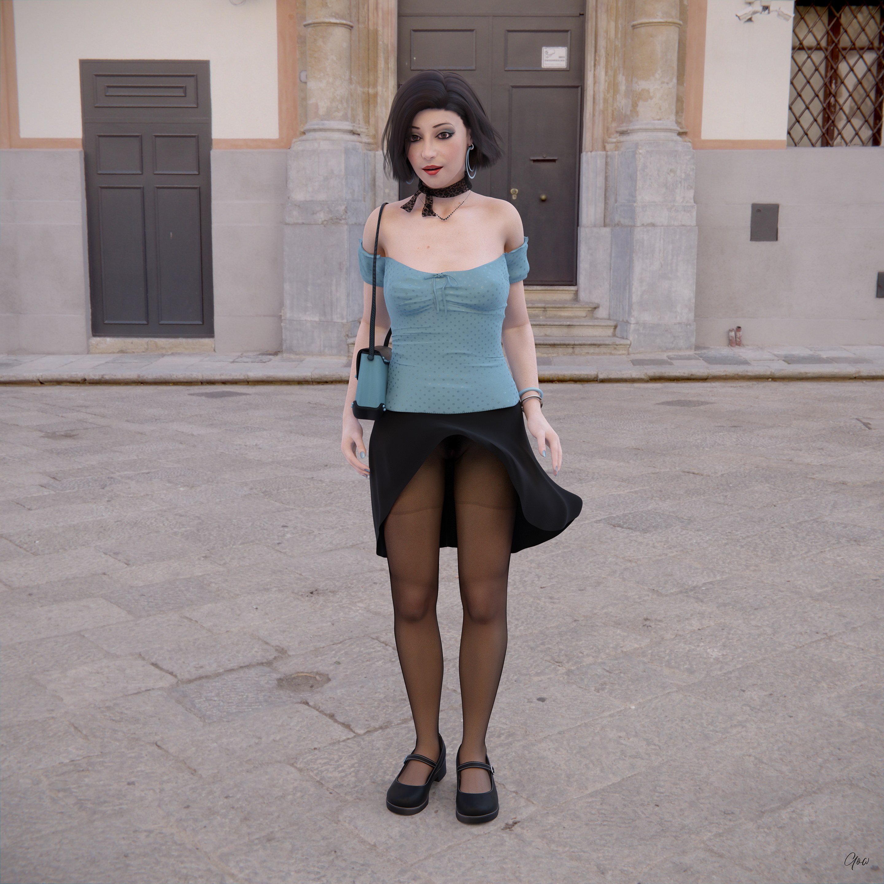 Wind on Blue  Outdoor Milf Sexy Brunette Nylon Pantyhose Upskirt Skirt Clothed Posing Standing No Panties Party Dress 6