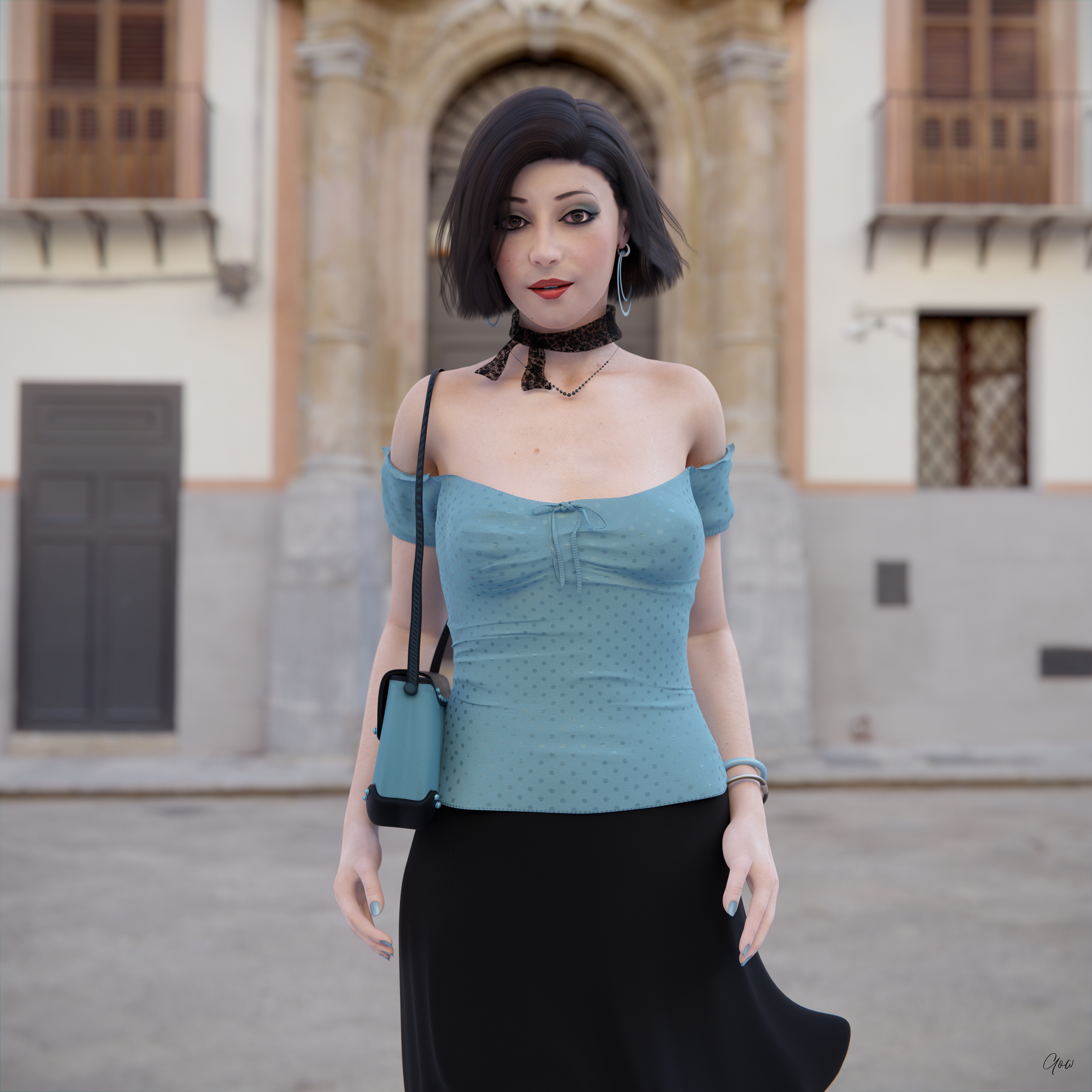 Wind on Blue  Outdoor Milf Sexy Brunette Nylon Pantyhose Upskirt Skirt Clothed Posing Standing No Panties Party Dress 10