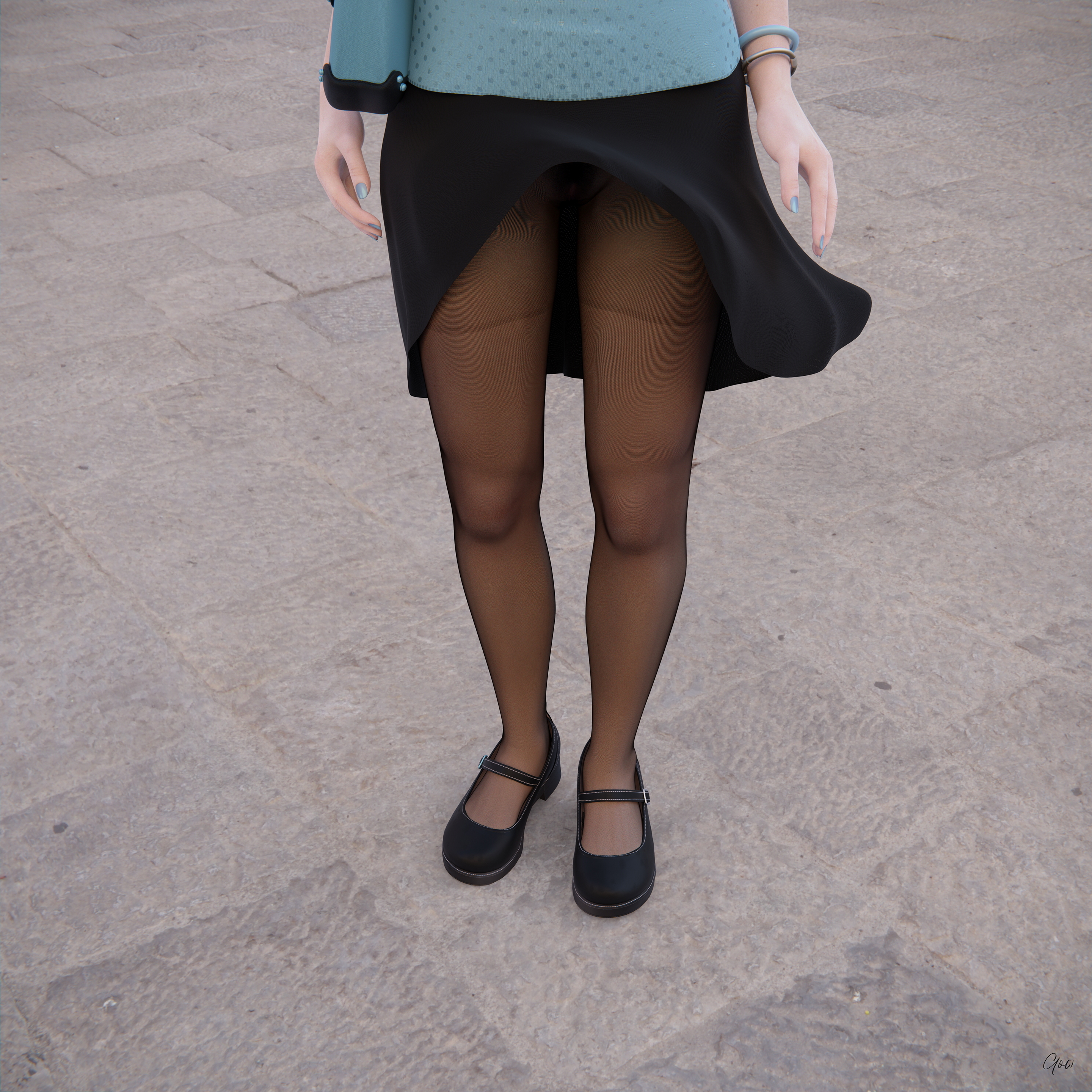 Wind on Blue  Outdoor Milf Sexy Brunette Nylon Pantyhose Upskirt Skirt Clothed Posing Standing No Panties Party Dress 11
