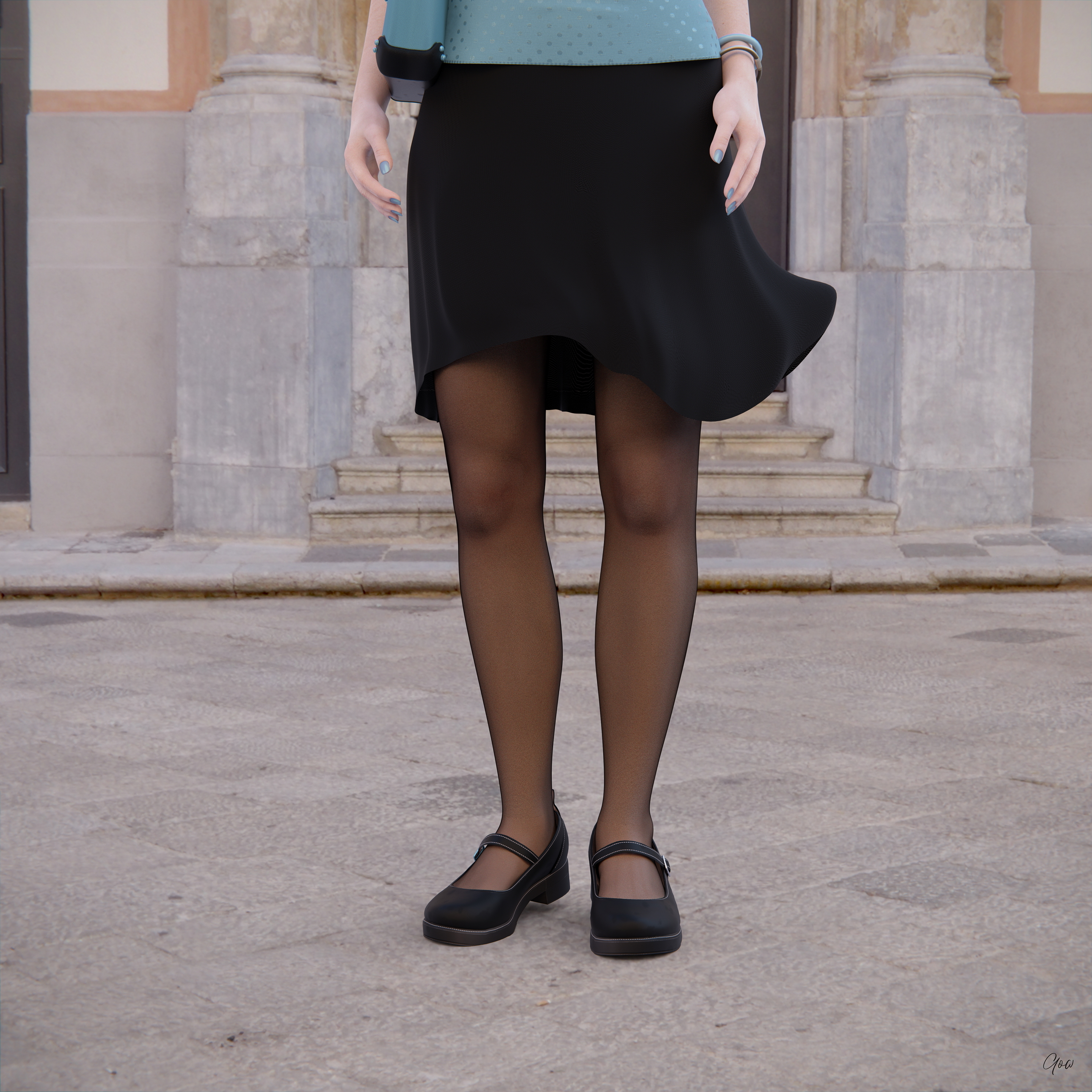 Wind on Blue  Outdoor Milf Sexy Brunette Nylon Pantyhose Upskirt Skirt Clothed Posing Standing No Panties Party Dress 13