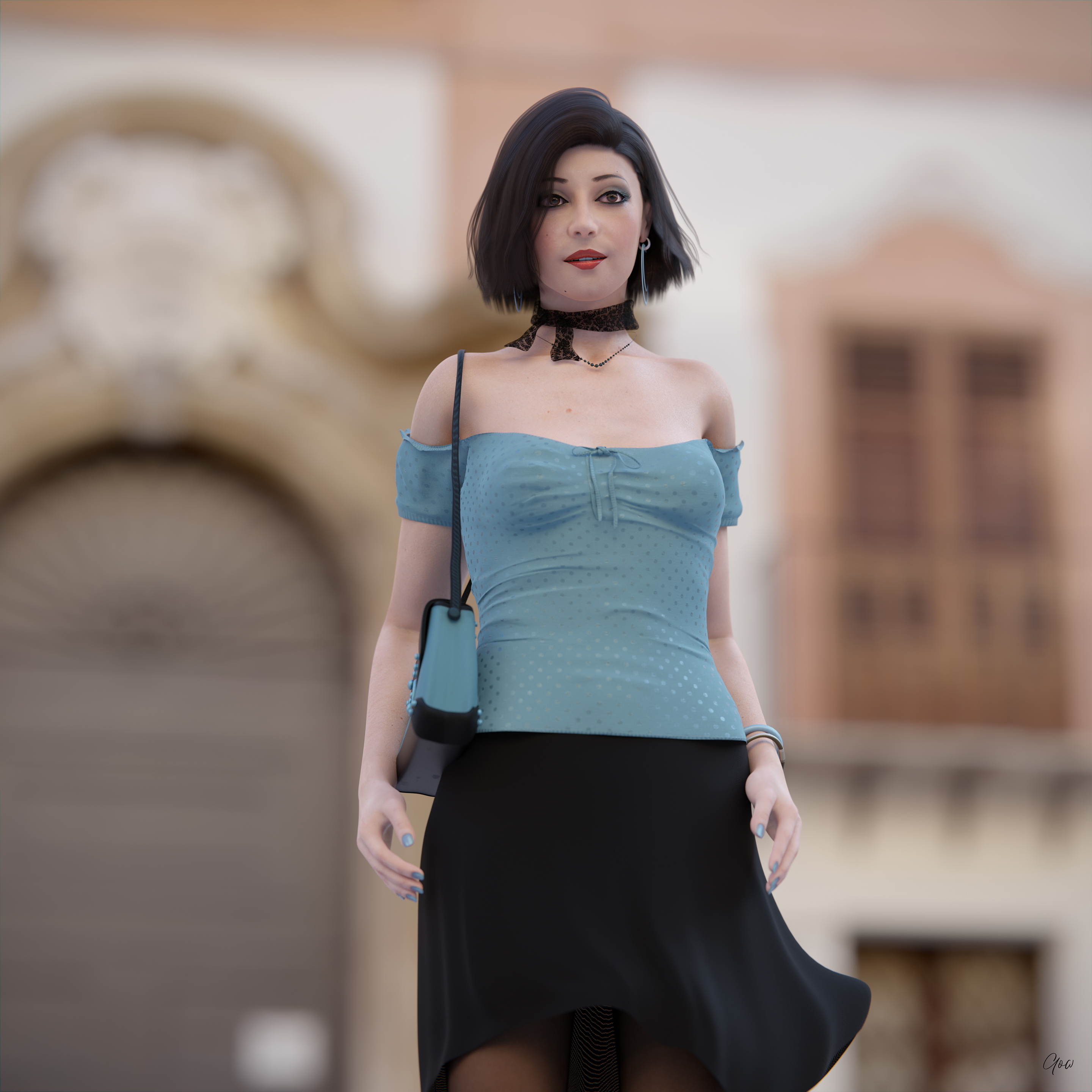 Wind on Blue  Outdoor Milf Sexy Brunette Nylon Pantyhose Upskirt Skirt Clothed Posing Standing No Panties Party Dress 14