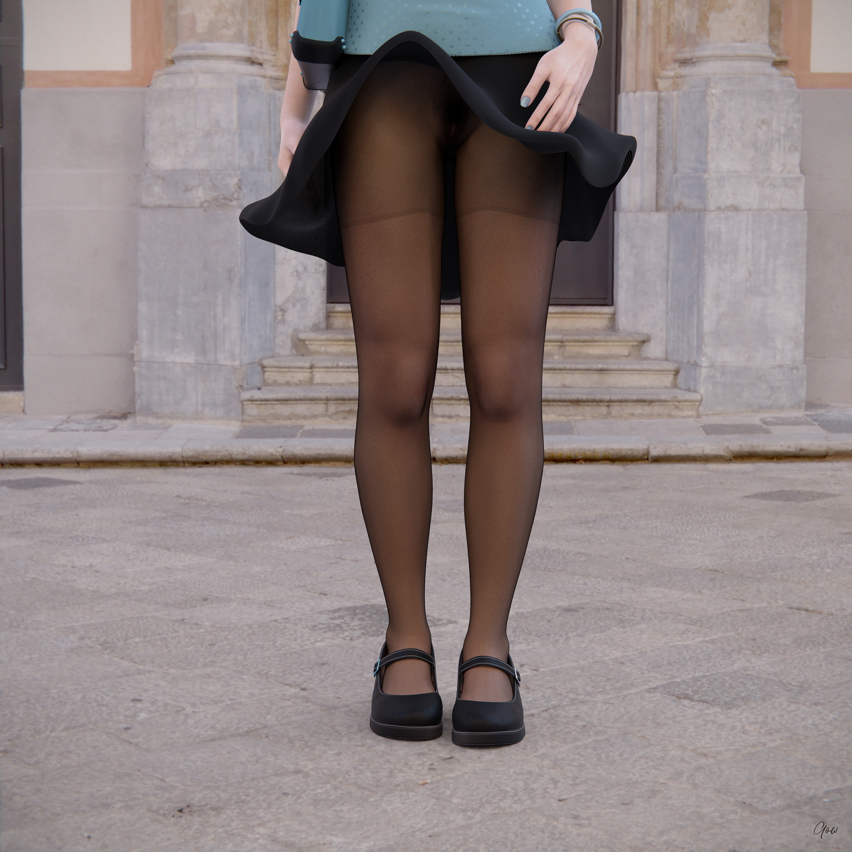Wind on Blue  Outdoor Milf Sexy Brunette Nylon Pantyhose Upskirt Skirt Clothed Posing Standing No Panties Party Dress 16