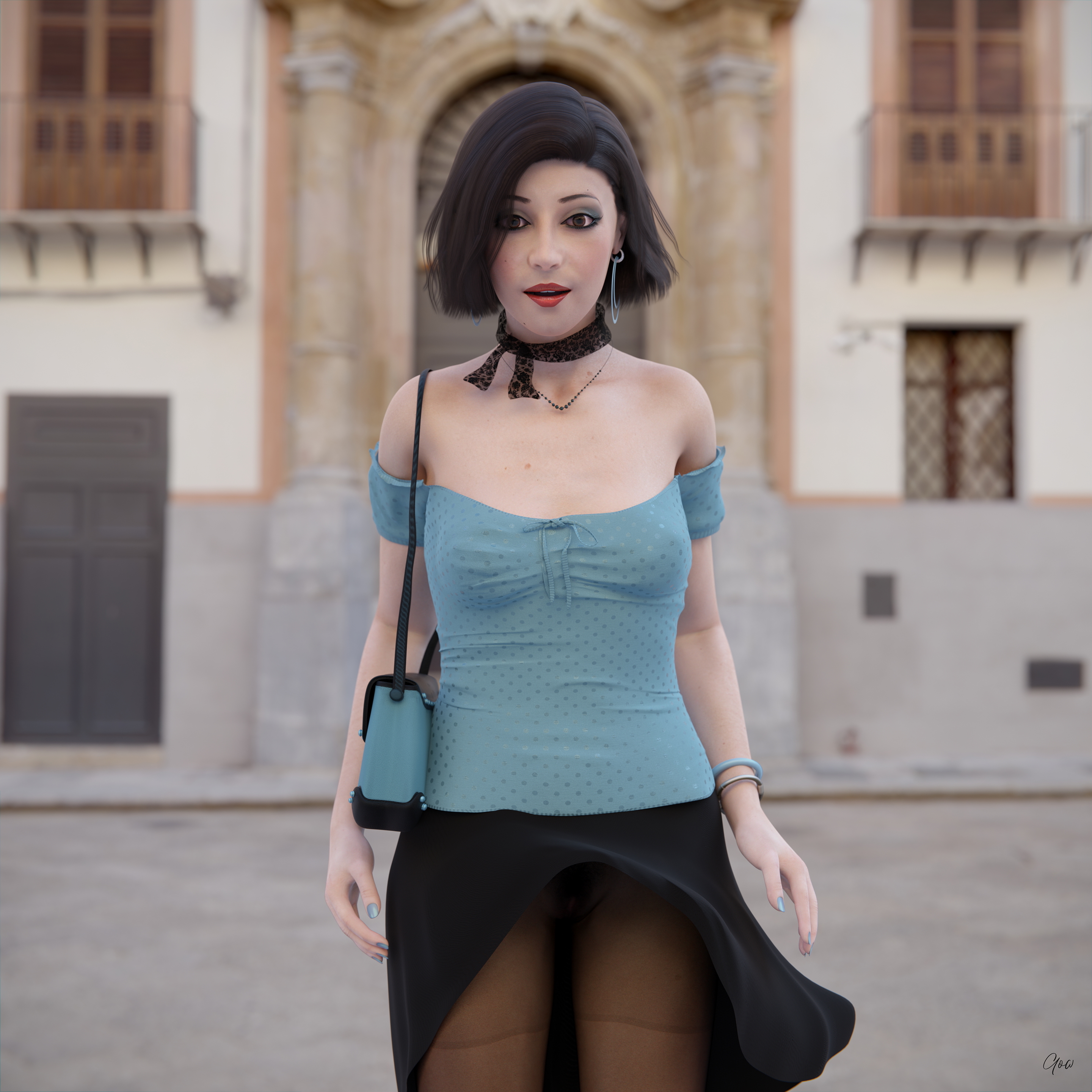 Wind on Blue  Outdoor Milf Sexy Brunette Nylon Pantyhose Upskirt Skirt Clothed Posing Standing No Panties Party Dress 17