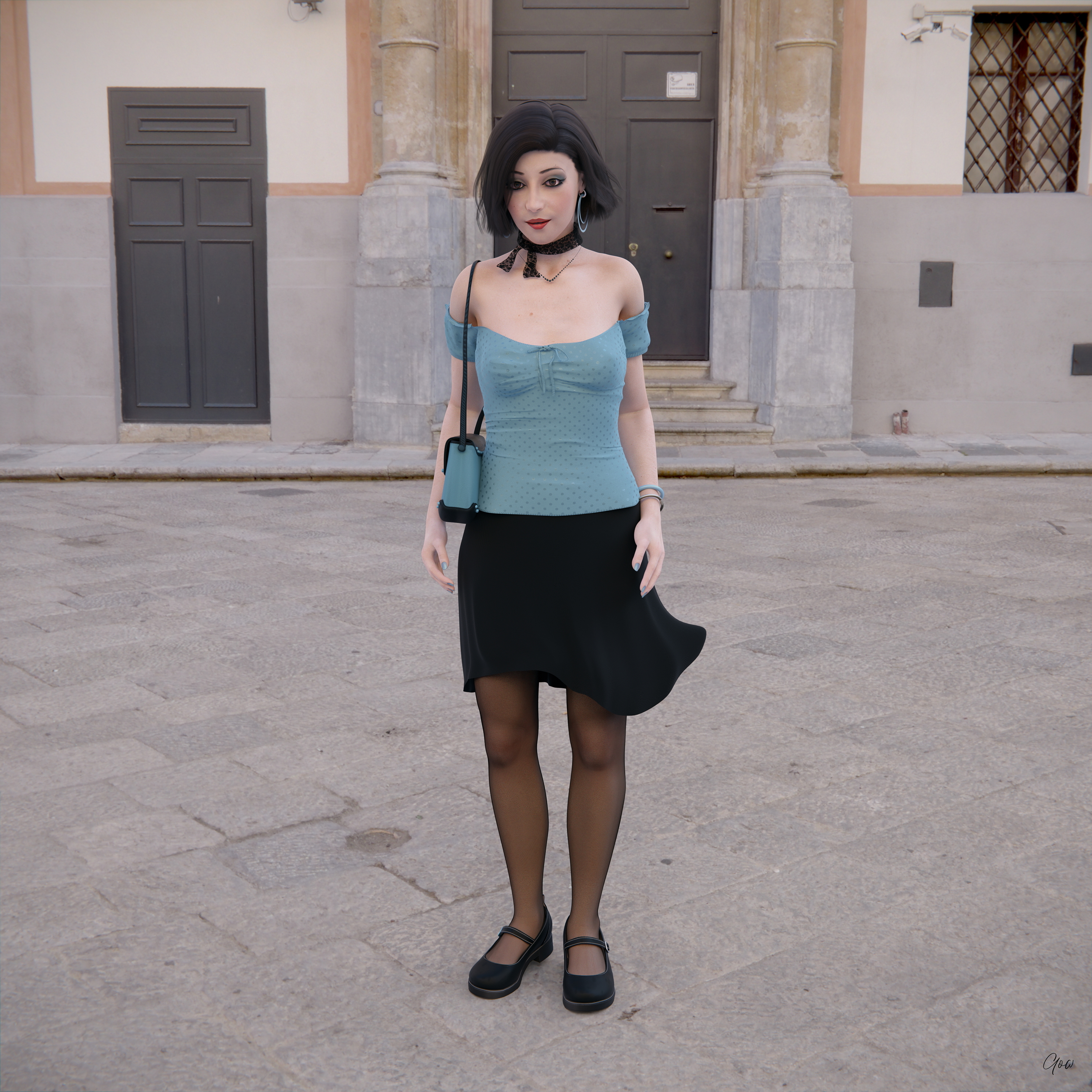 Wind on Blue  Outdoor Milf Sexy Brunette Nylon Pantyhose Upskirt Skirt Clothed Posing Standing No Panties Party Dress 19