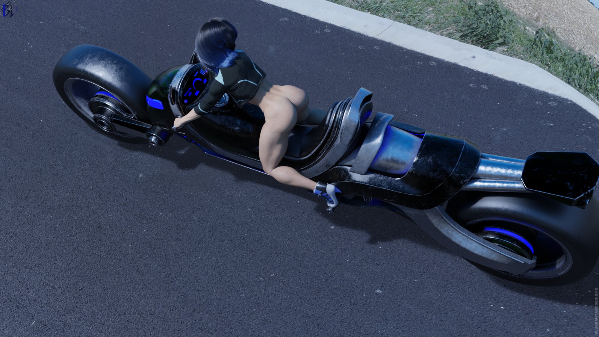 Wanna go for a ride? Oc Blue Female Solo Pinup Pubic Hair Blue Hair Motorcycle Outdoor 5