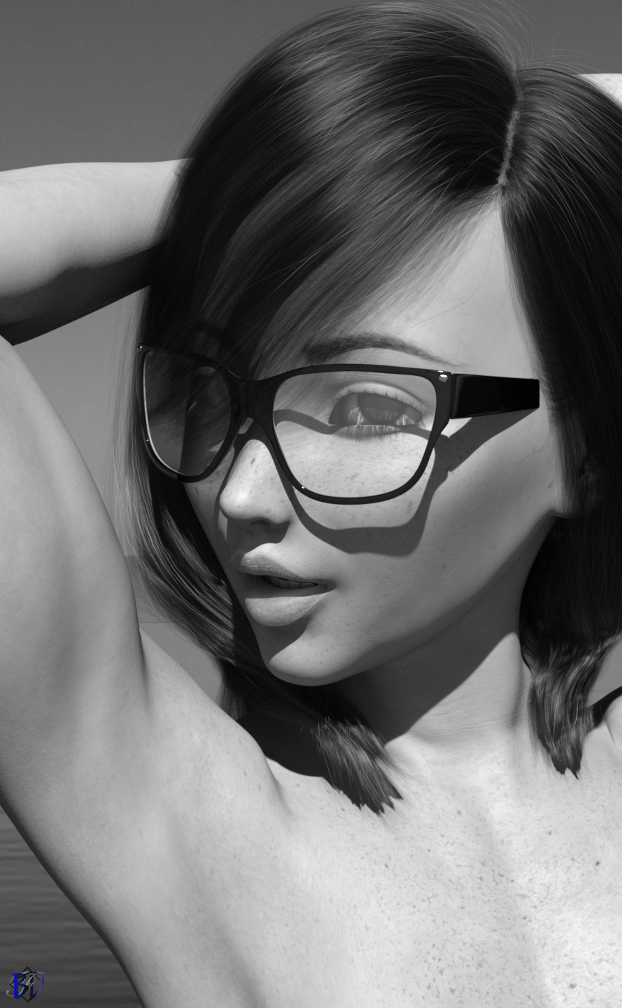 Beach - Black and White Oc Blue Female Solo Pinup Pubic Hair Black And White