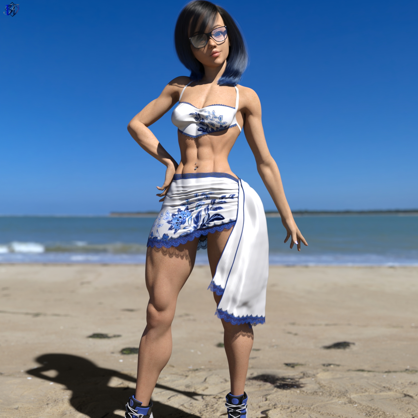 Beach - Color Oc Blue Female Solo Pinup Pubic Hair Black And White Beach