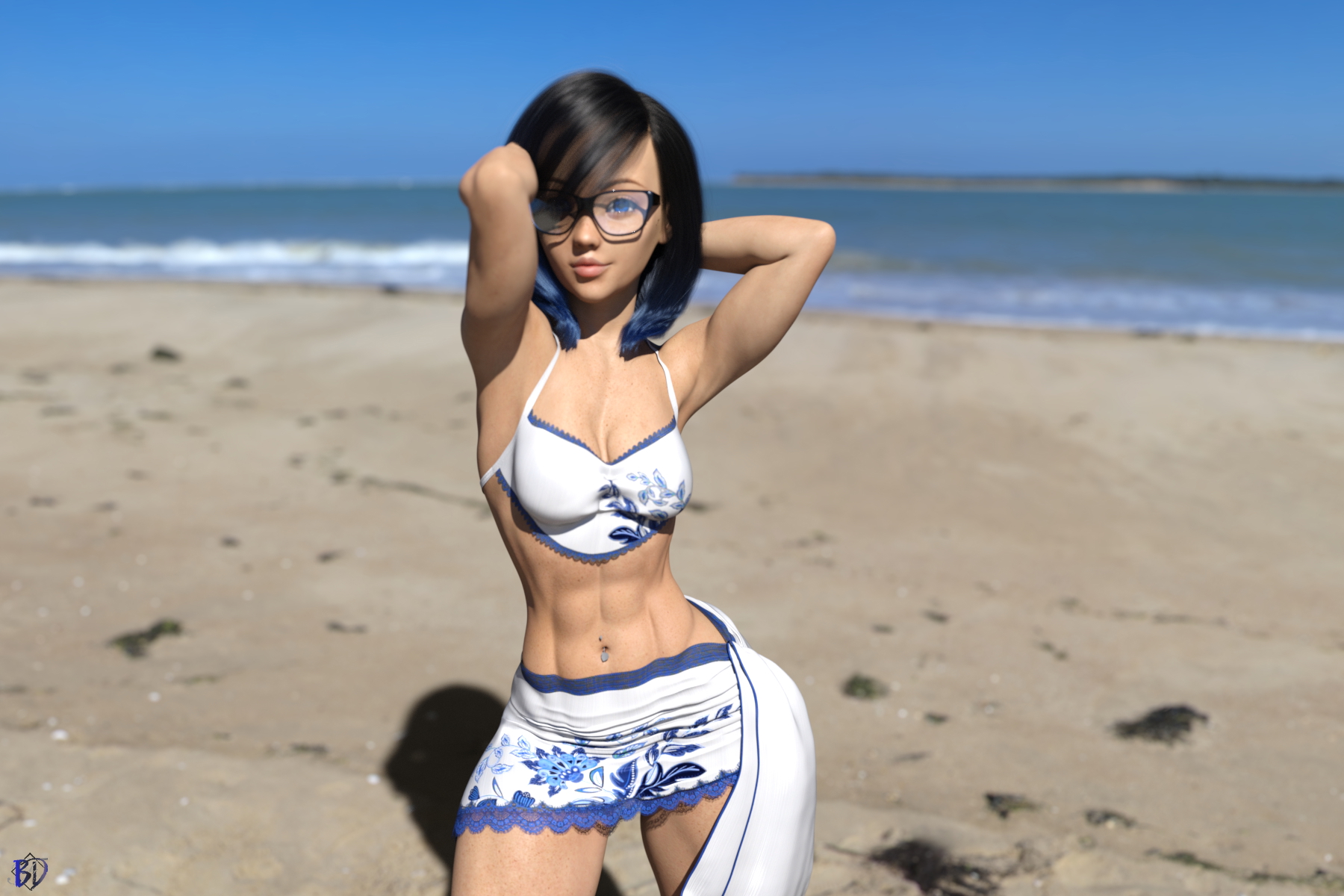 Beach - Color Oc Blue Female Solo Pinup Pubic Hair Black And White Beach 2