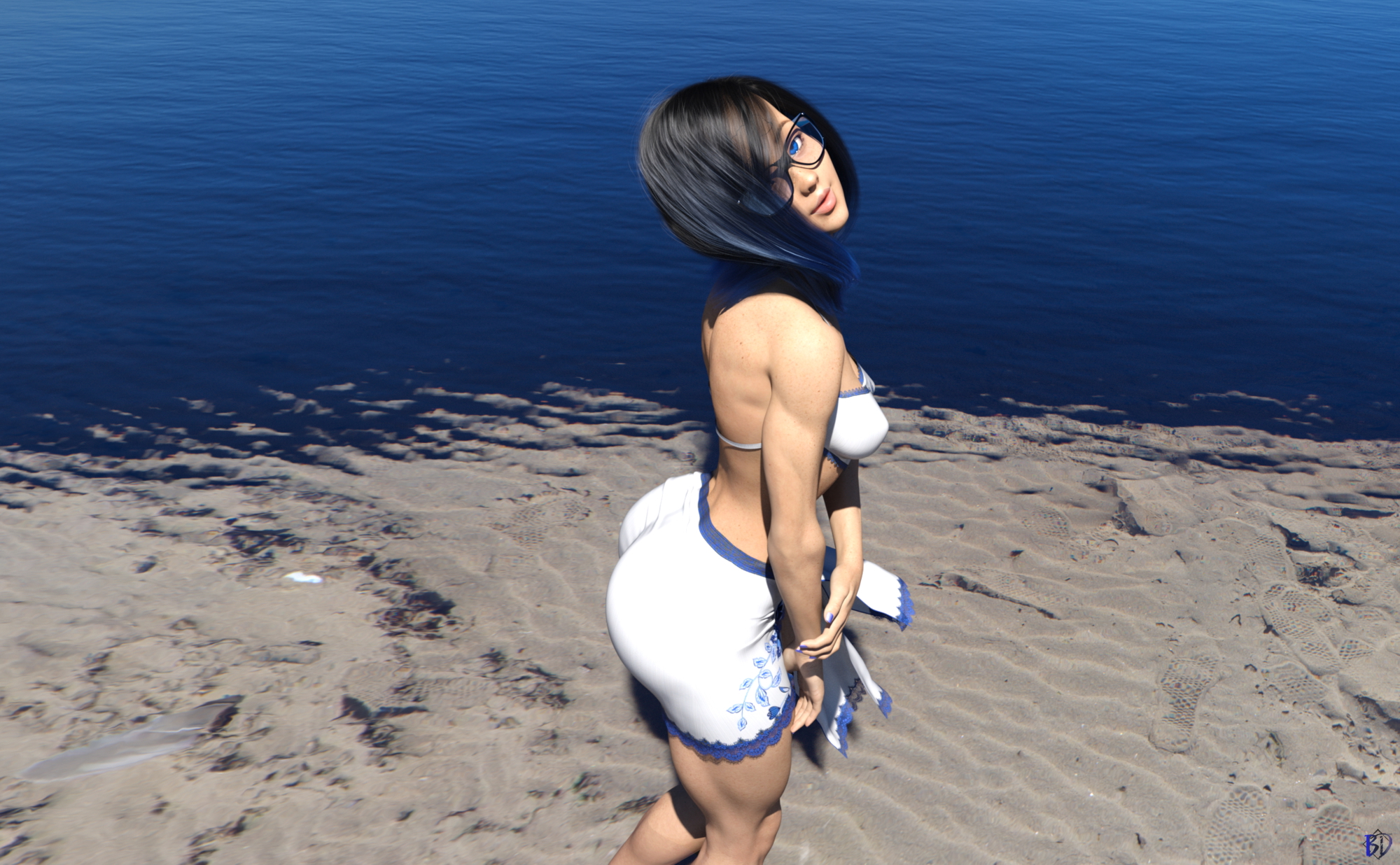 Beach - Color Oc Blue Female Solo Pinup Pubic Hair Black And White Beach 9