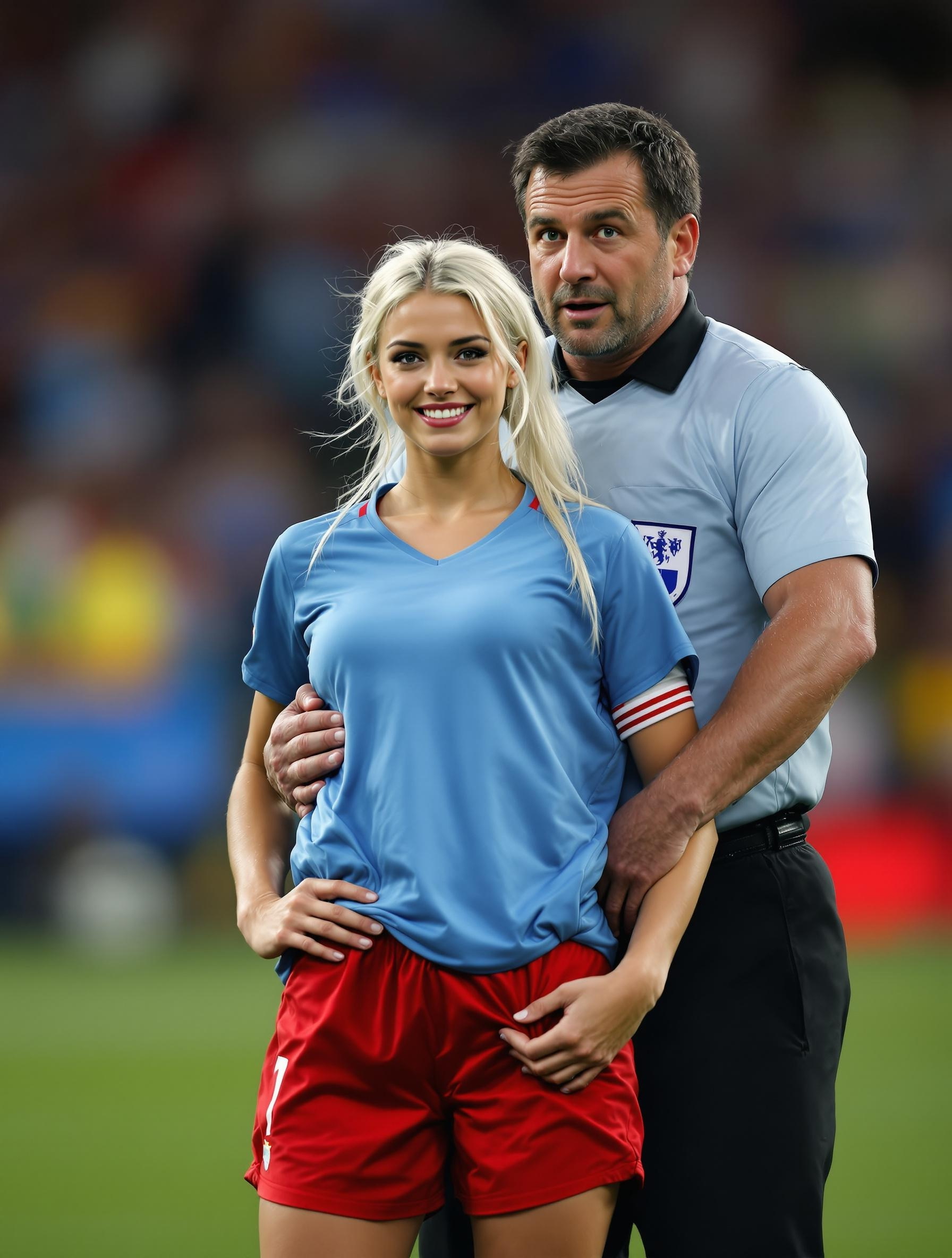 Corrupt soccer referee:  Never mind that bitch. I ll give her a red card as soon as I can. Player:  Thanks  I can always count on you!