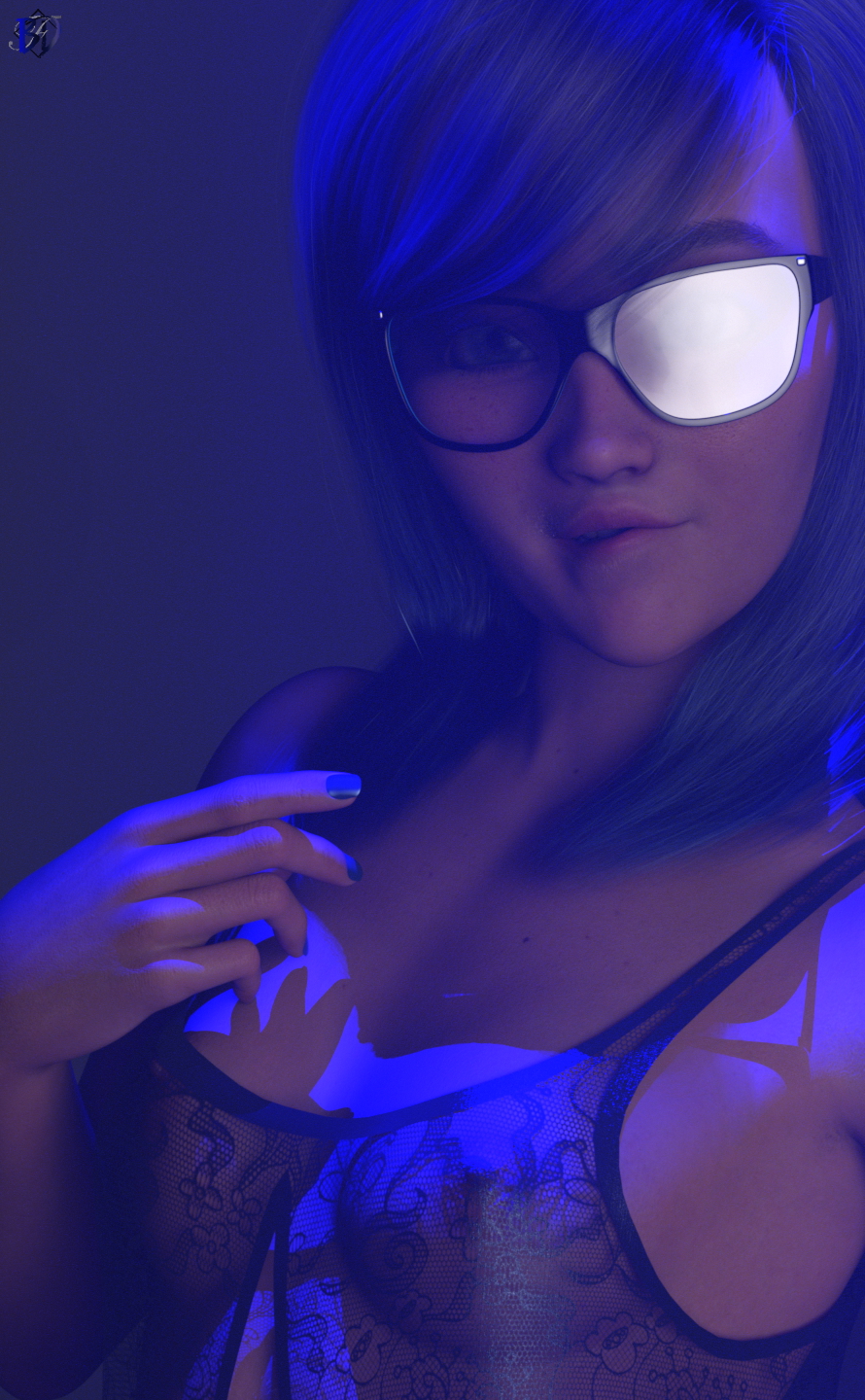 Closer Oc Blue Female Solo Pinup Pubic Hair Blue Hair Dildo Baddragon Stockings Lingerie 3
