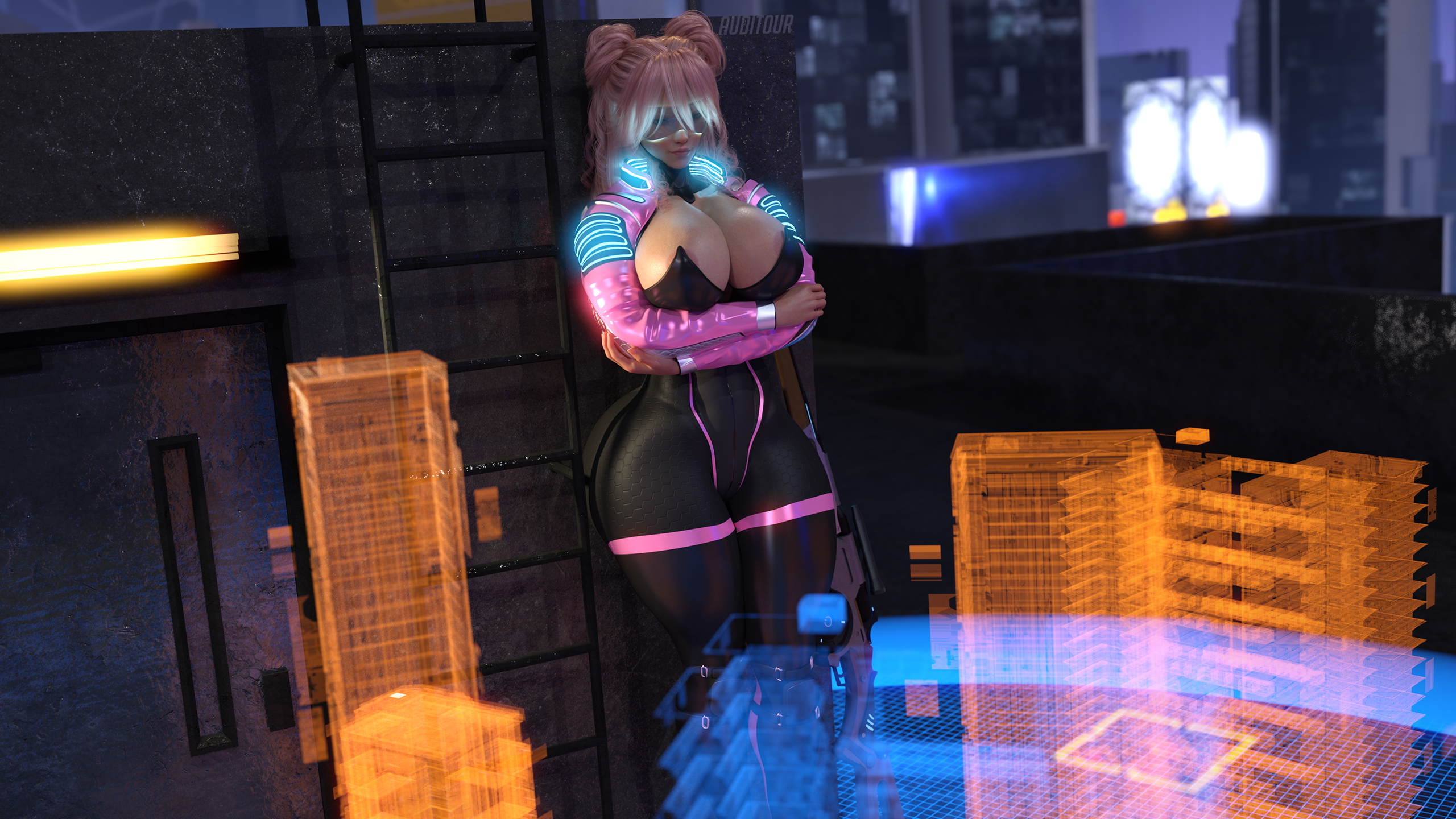 Rit Cyber Sniper  Cyberpunk Gun Hologram Abs Muscles Tall Giant Huge Breasts Huge Ass Clothed Nipples Pink Hair Night
