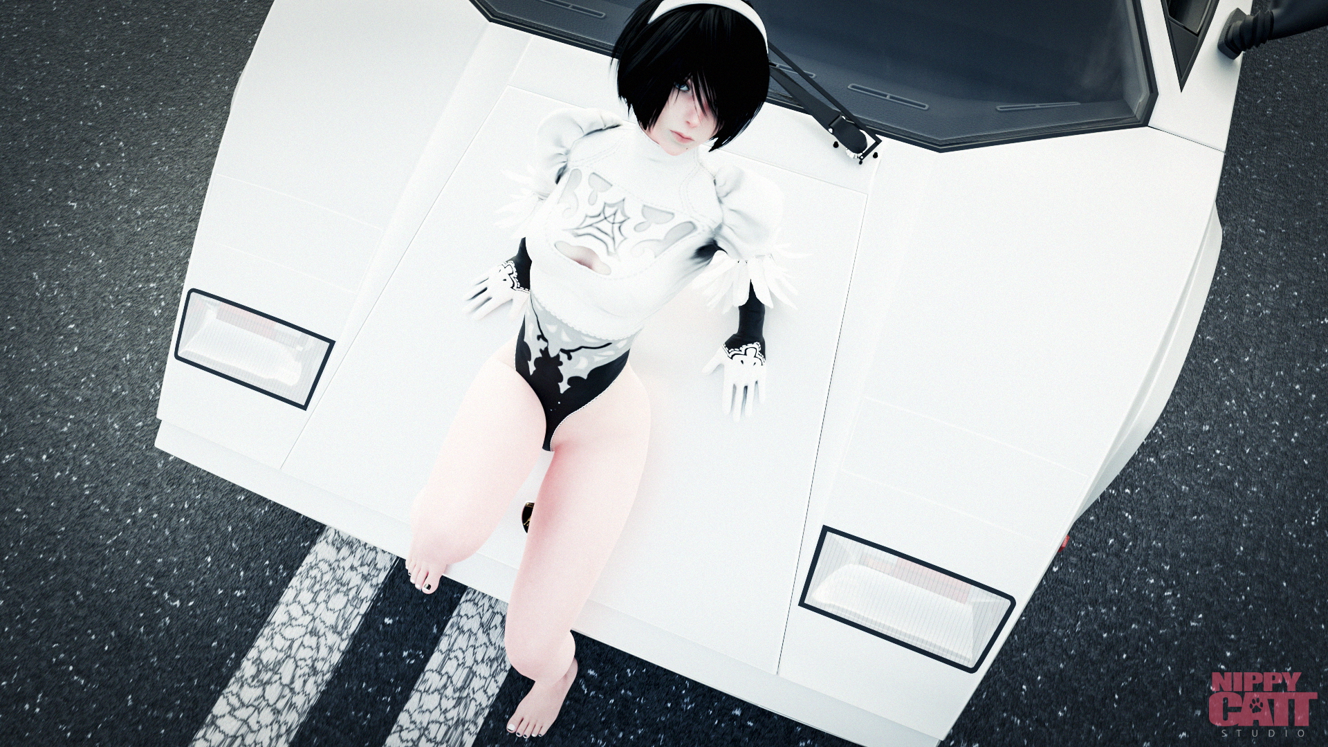2b posing on top of a 1985 LP5000 QV Countach