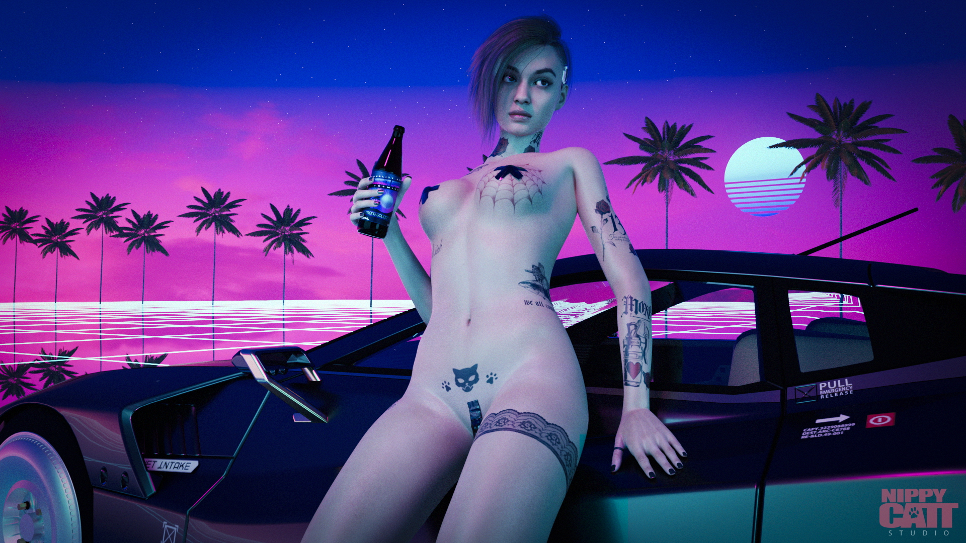 Judy Summer Breeze [Cyberpunk2077] Judy Alvarez Cyberpunk2077 Cyberpunk 2077 Cyberpunk Beer Tattoo Tattoos Womb Tattoo Pasties Nipple Taped Pussy Taped Nude Naked Half Naked Fully Naked Short Hair Sneakers Shoes Boots Feet Feet Fetish Foot Fetish Foot Focus Nail Polish Synthwave Retro Palm Tree