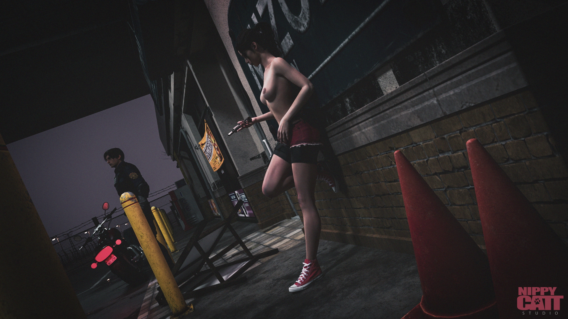 Ready for Action... [Resident Evil] Resident Evil Resident Evil 2 Remake Claire Redfield Leon Kennedy Topless Breasts Natural Breast Shorts Shoes Sneakers Harley Davidson