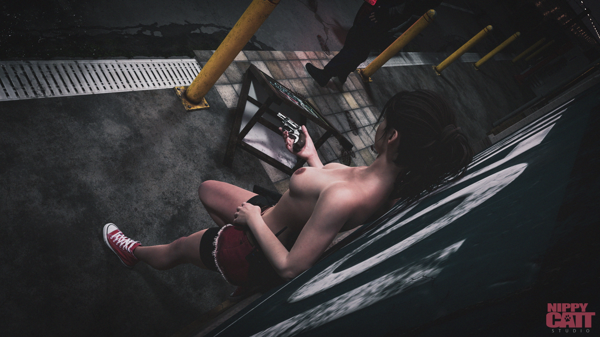 Ready for Action... [Resident Evil] Resident Evil Resident Evil 2 Remake Claire Redfield Leon Kennedy Topless Breasts Natural Breast Shorts Shoes Sneakers Harley Davidson 2