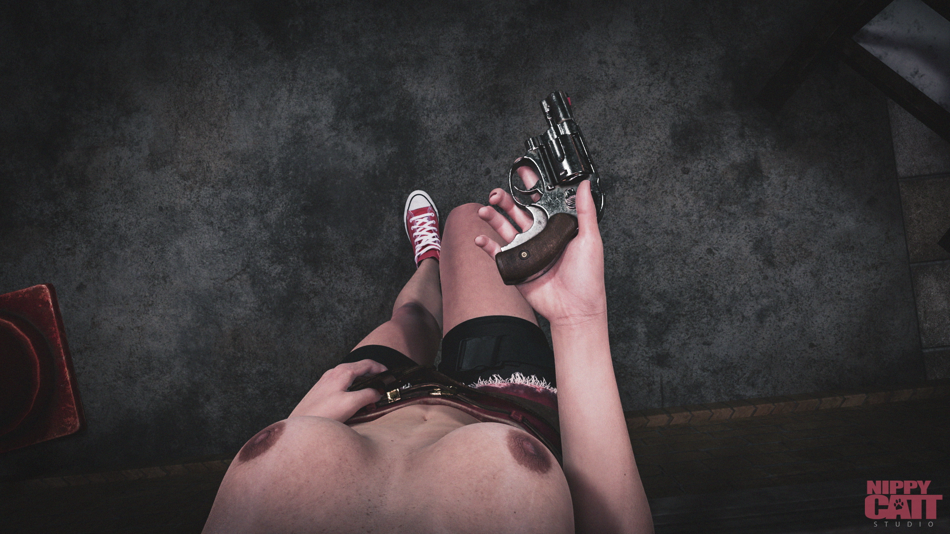 Ready for Action... [Resident Evil] Resident Evil Resident Evil 2 Remake Claire Redfield Leon Kennedy Topless Breasts Natural Breast Shorts Shoes Sneakers Harley Davidson 4