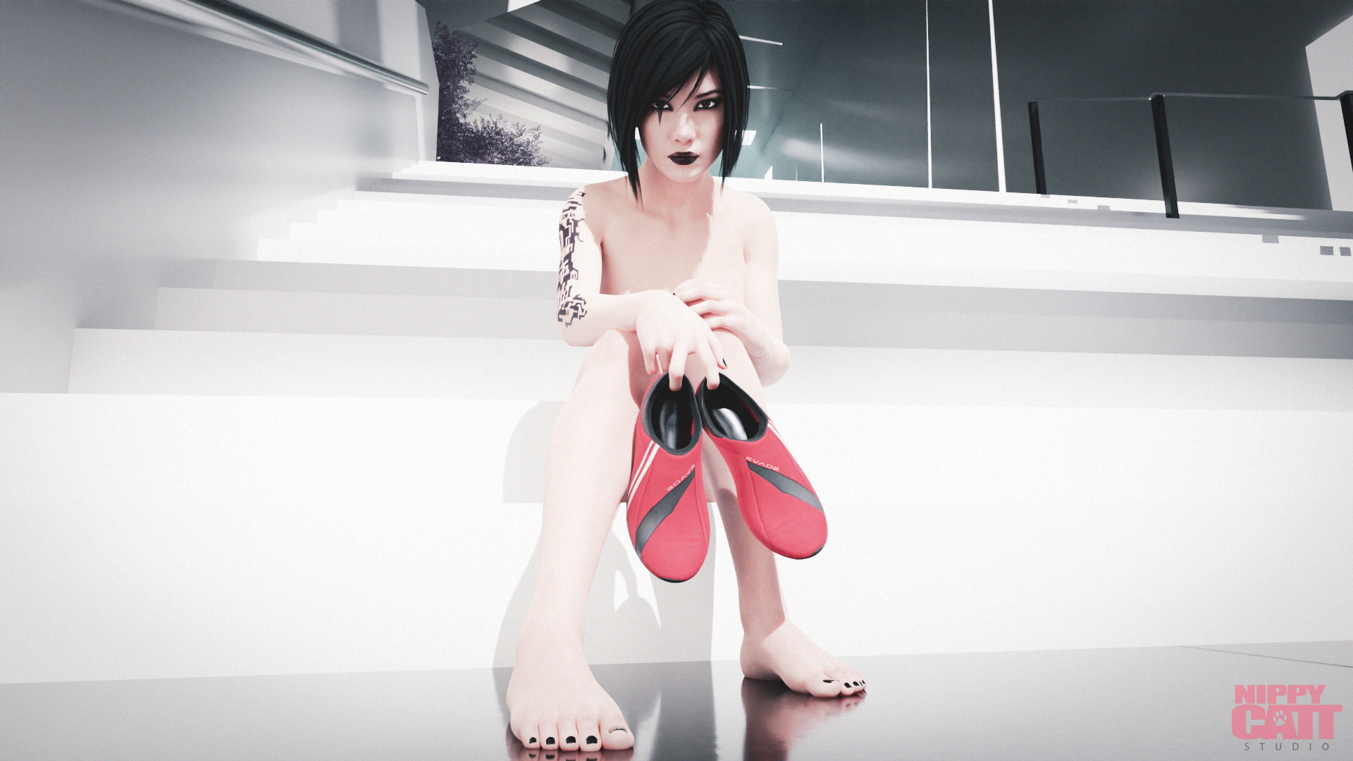 Faith showing her sweaty sneakers