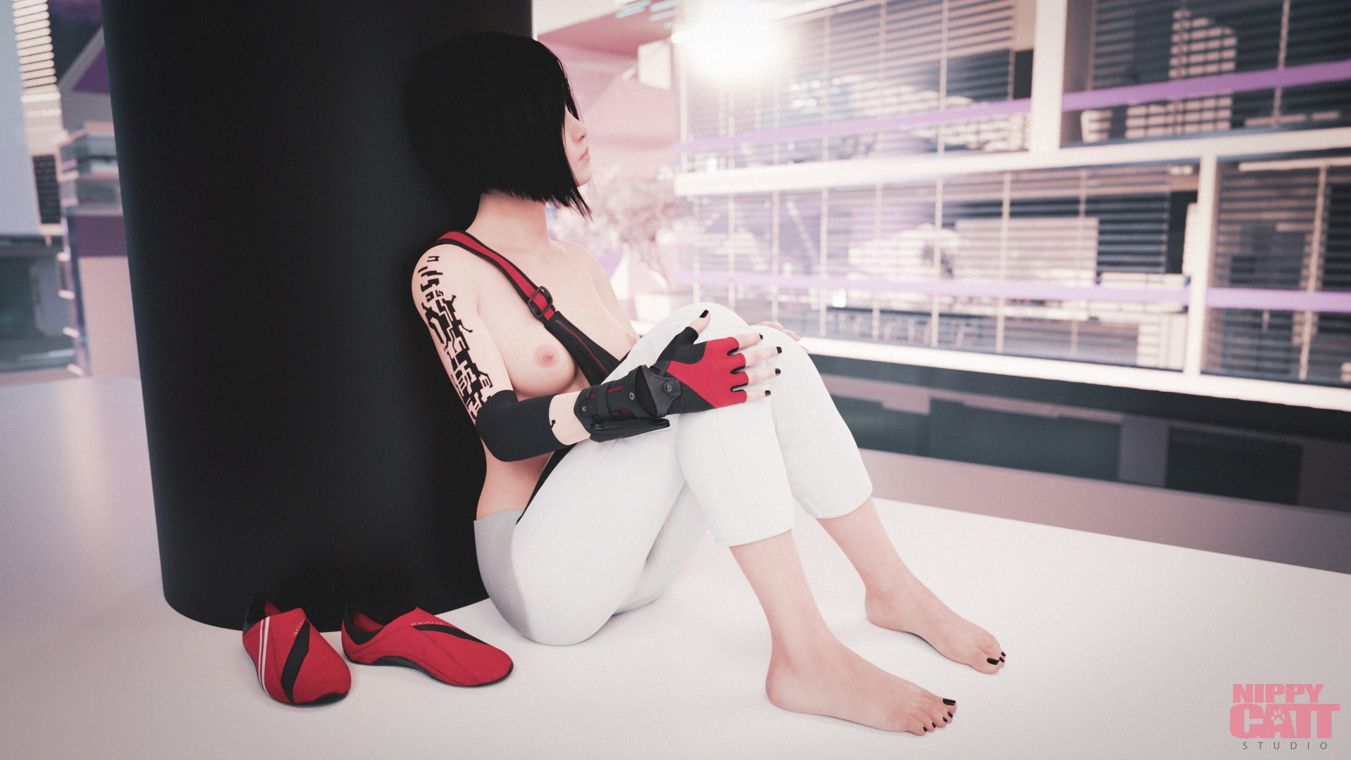 Contemplative Faith [Mirror’s Edge] Faith Connors Mirrors Edge Short Hair Black Hair Topless Feet Feet Fetish Foot Fetish Barefoot Nail Polish Sneakers Shoes Gloves