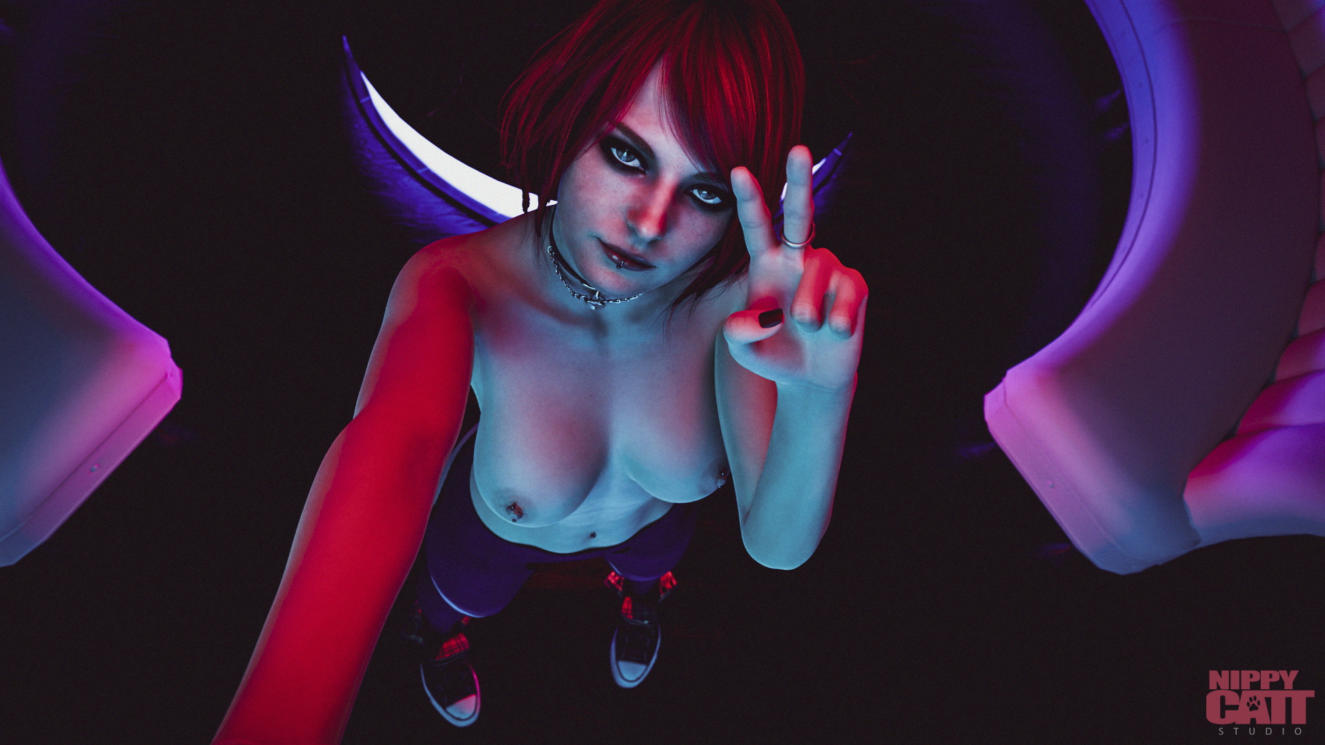 Topless Emo Ashley [Resident Evil] Resident Evil Resident Evil 4 Remake Ashley Graham Topless Breasts Piercing Nipple Piercing Belly Button Piercing Nightclub Sneakers Shoes Red Hair Nail Polish