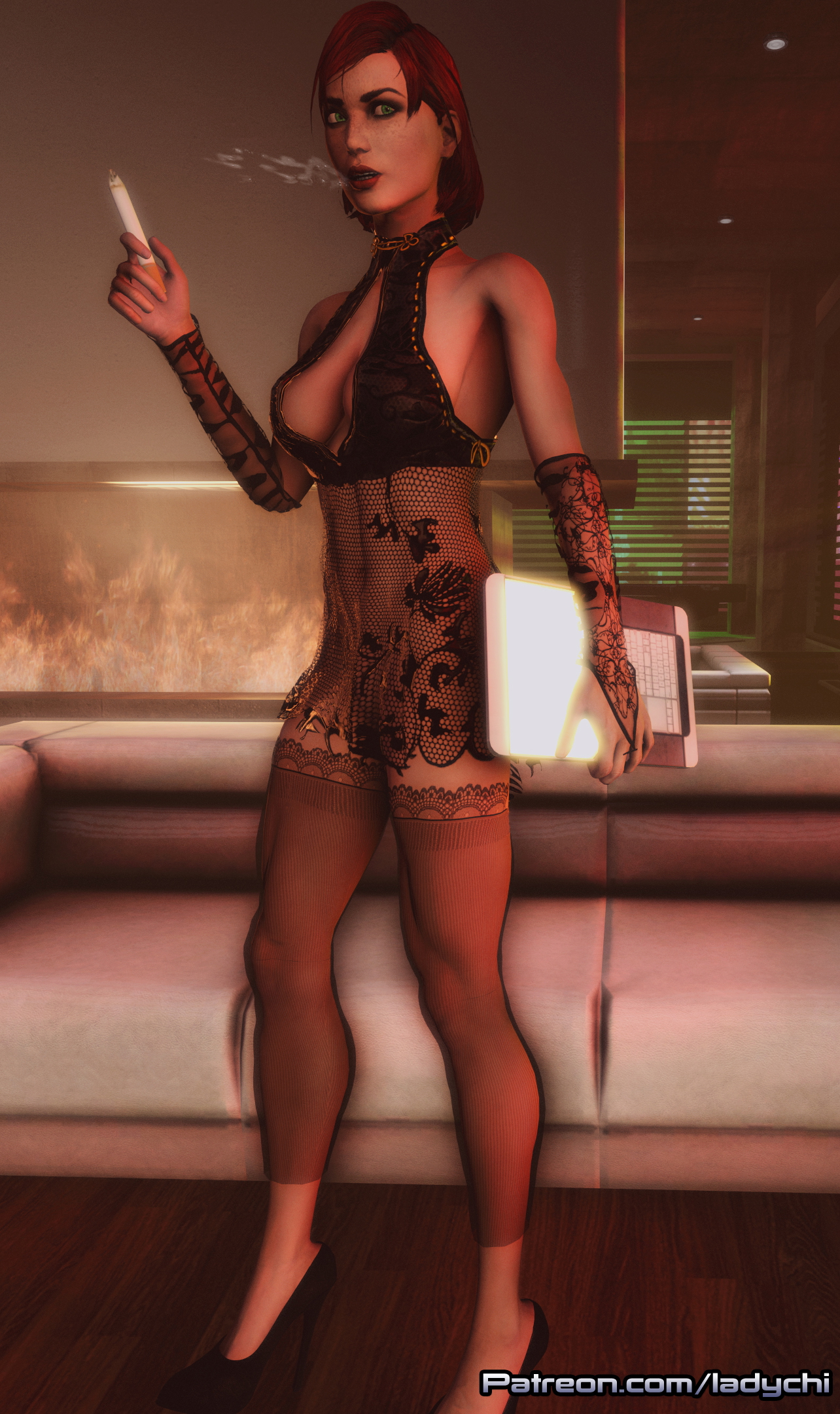 Shepard after a sexy night... Mass Effect Nude Naked Sfm Boobs Pussy Lingerie Red Hair Smoking Videogame Pinup