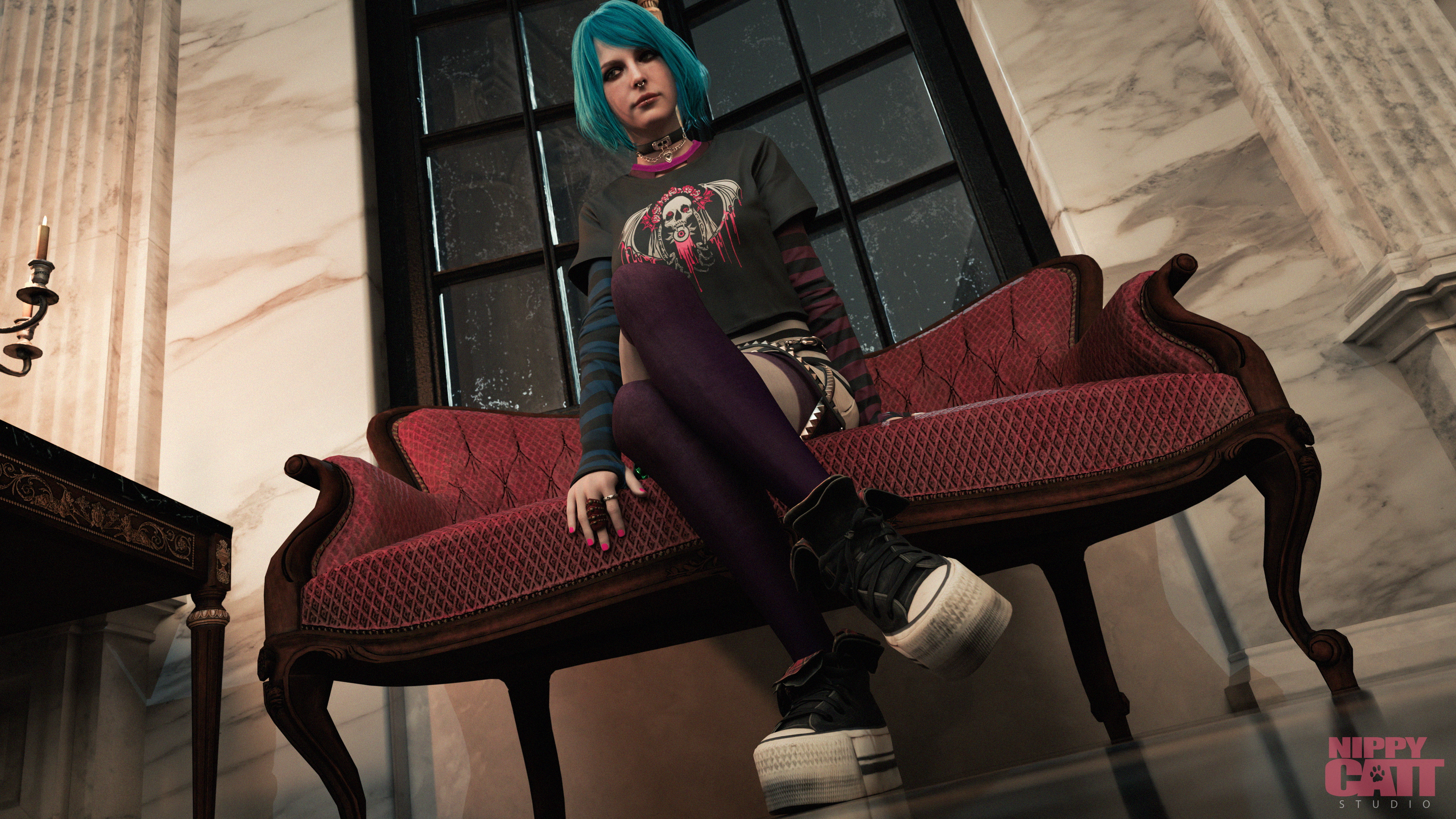 Miss Graham [Resident Evil] Resident Evil Resident Evil 4 Remake Ashley Graham Blue Hair Nail Polish Stockings Sneakers Shoes Pussy Vagina Spread Legs Piercing Nose Piercing