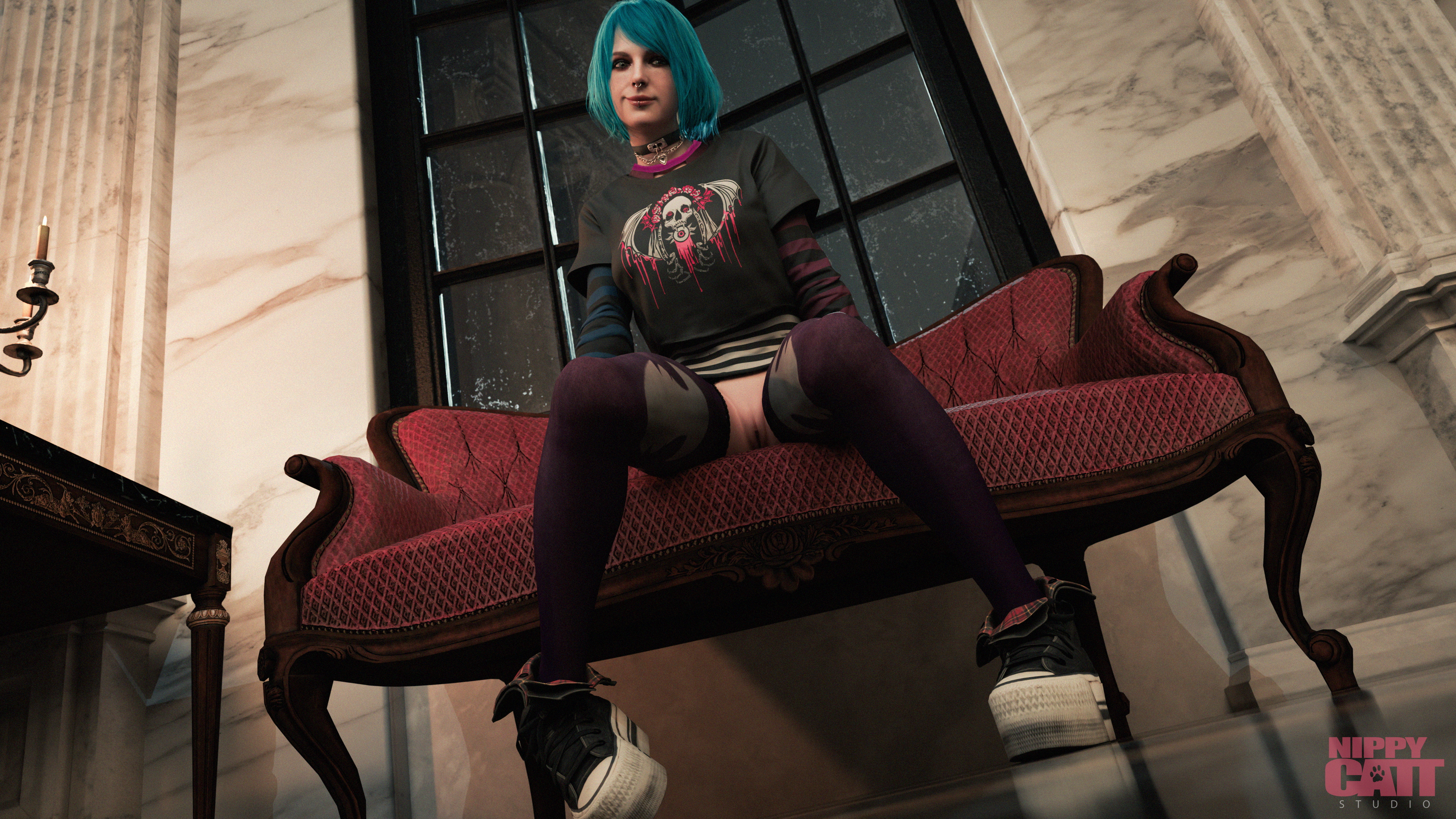 Miss Graham [Resident Evil] Resident Evil Resident Evil 4 Remake Ashley Graham Blue Hair Nail Polish Stockings Sneakers Shoes Pussy Vagina Spread Legs Piercing Nose Piercing 2