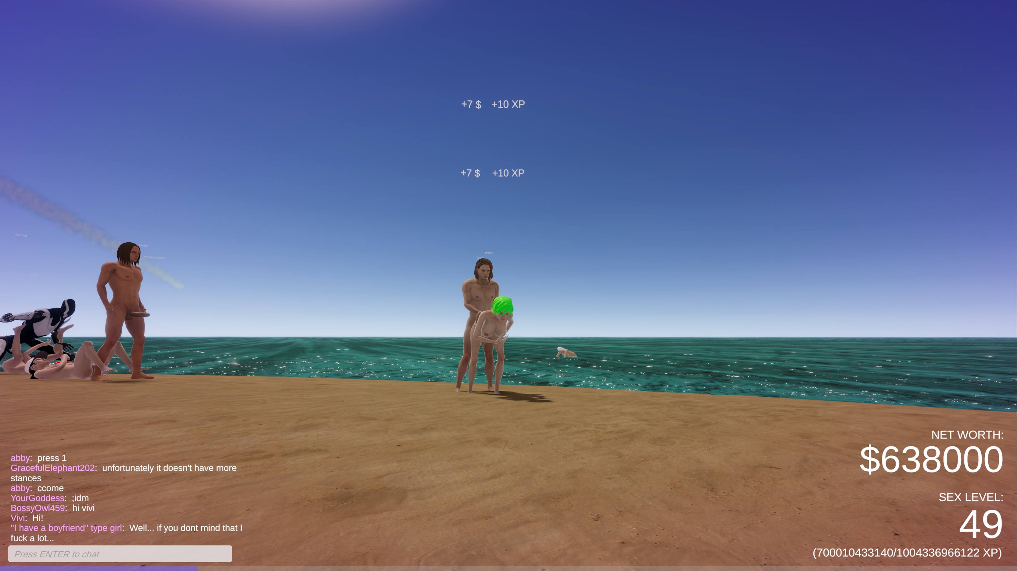 Doggy-style by the ocean  two avatars earn cash and XP under a clear blue sky. A steamy moment caught in broad daylight in Gyat.io