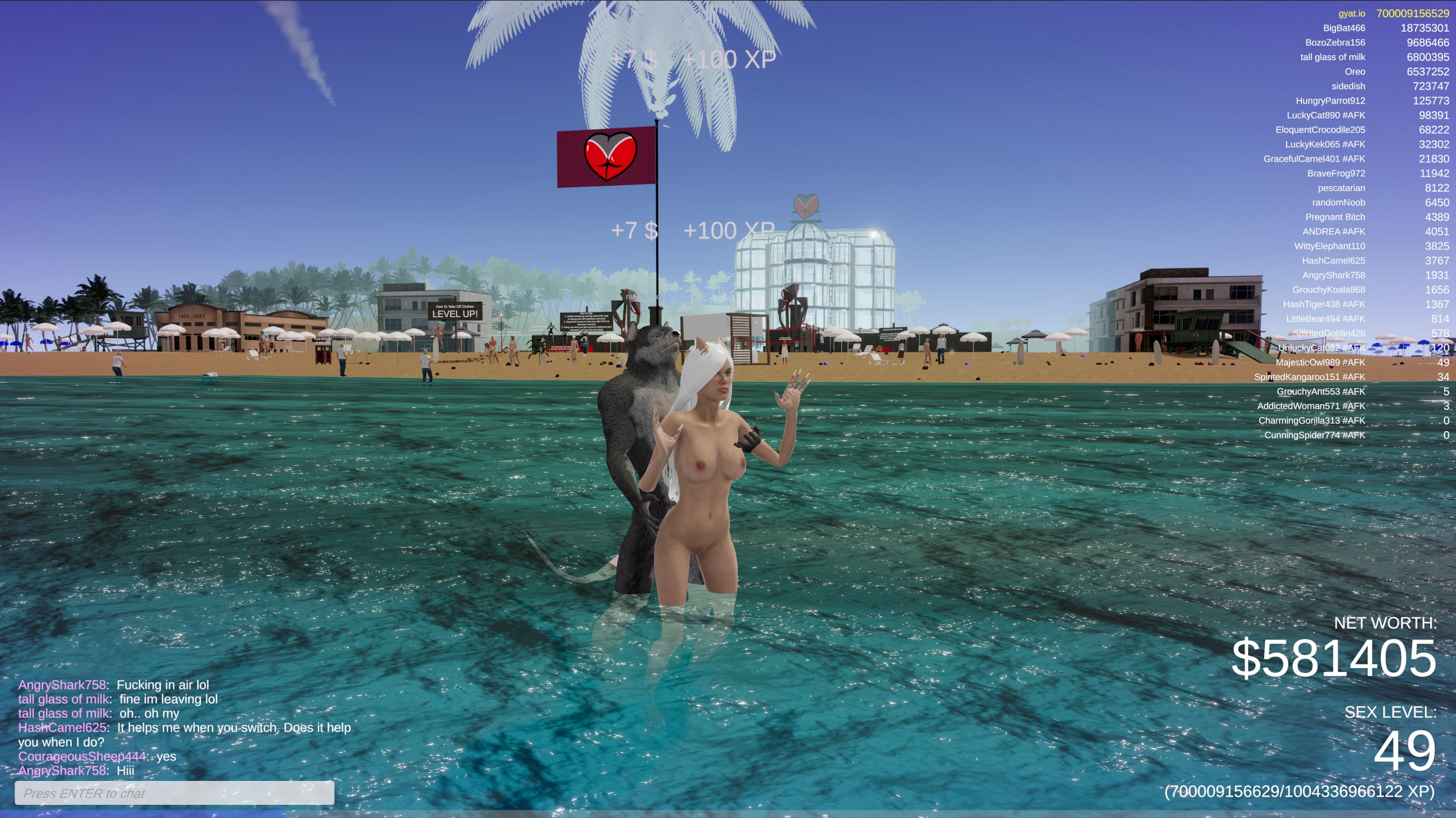 Beat in the Water: A wild gorilla avatar thrusts into a white-haired woman waist-deep in the water  framed by the bustling beach and Love Tower behind them.