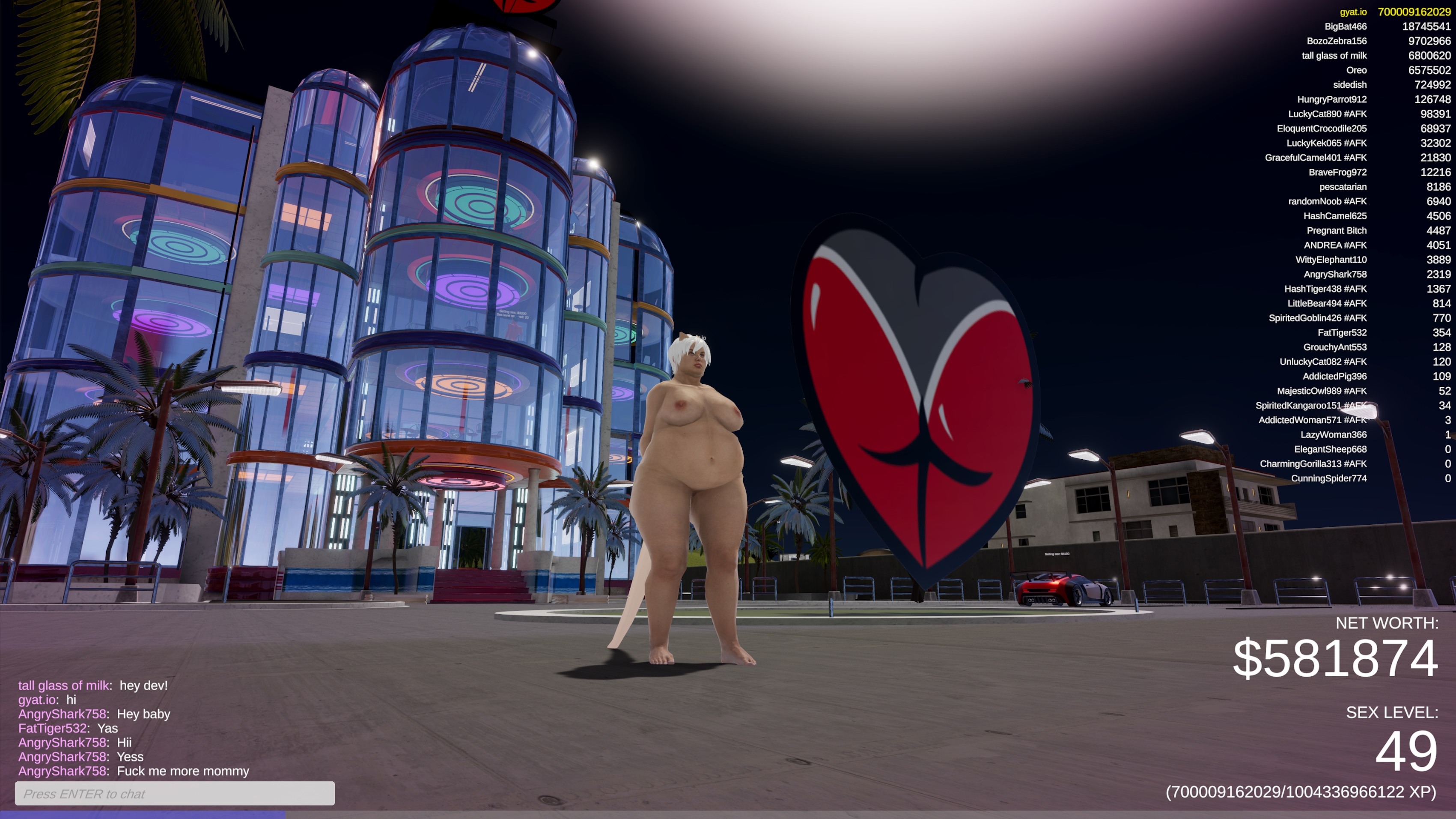 Plus-Sized Queen: A confident  curvy avatar poses outside the Love Tower by night  flaunting her form next to the oversized glowing heart statue.