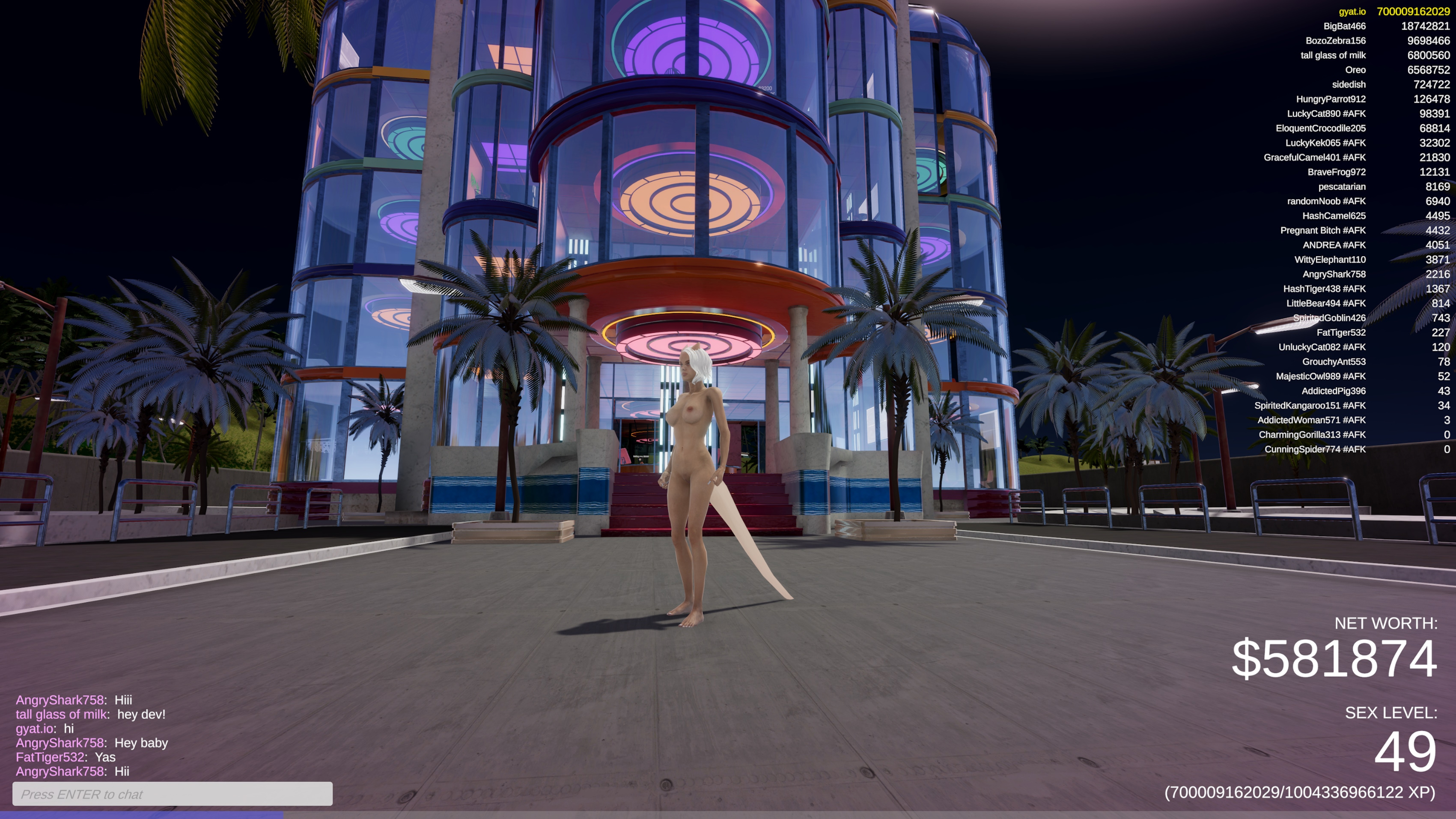 Under the neon glow of the Nectar Nightclub Tower  a confident female avatar poses proudly in front of the club’s circular entrance. It’s nightlife  Gyat.io style.