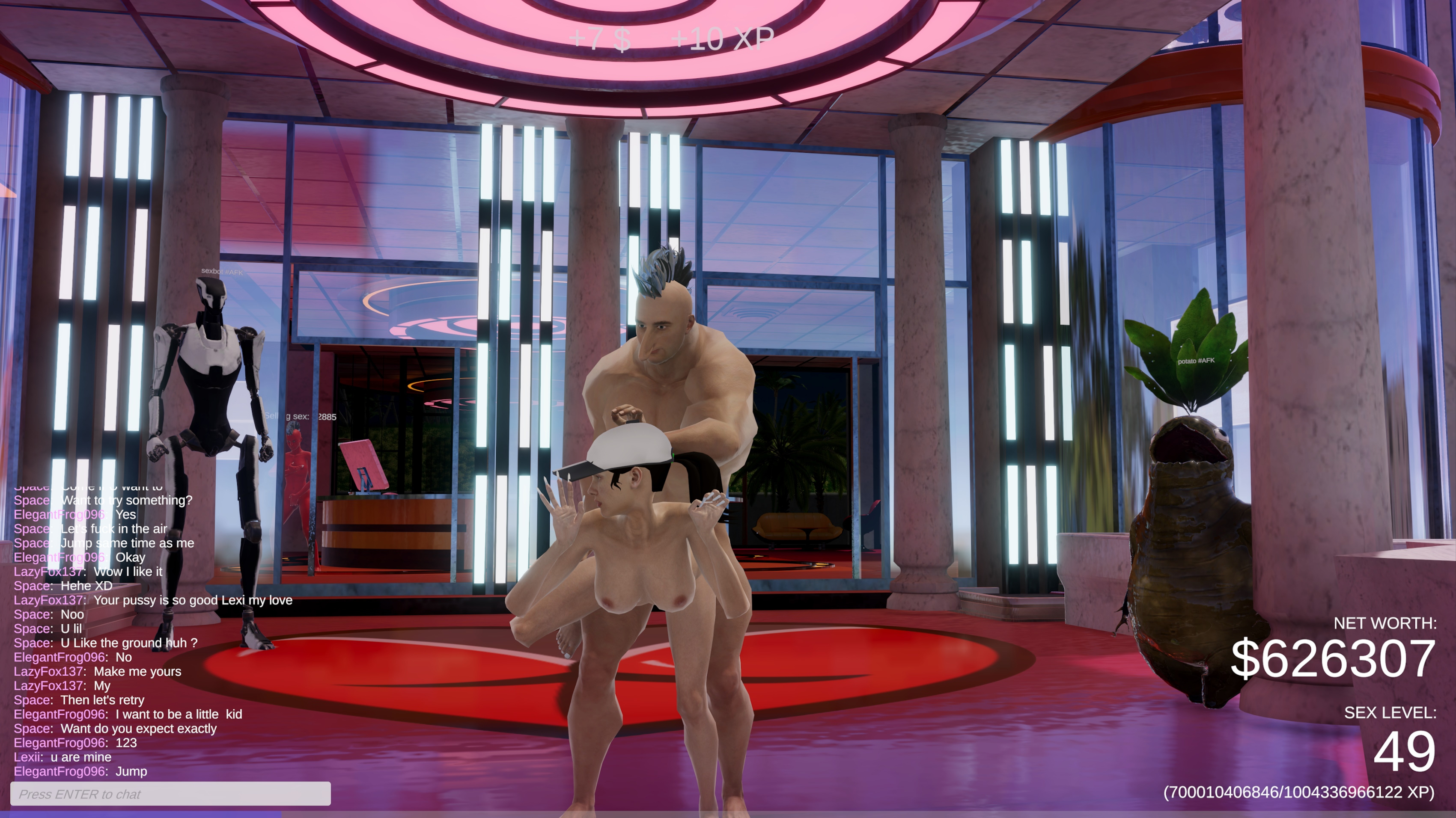 Longnose Gets Laid: Inside the club  a mohawked male avatar dominates a crouched female avatar with a cap. They grind over the glowing red heart under the neon lights.
