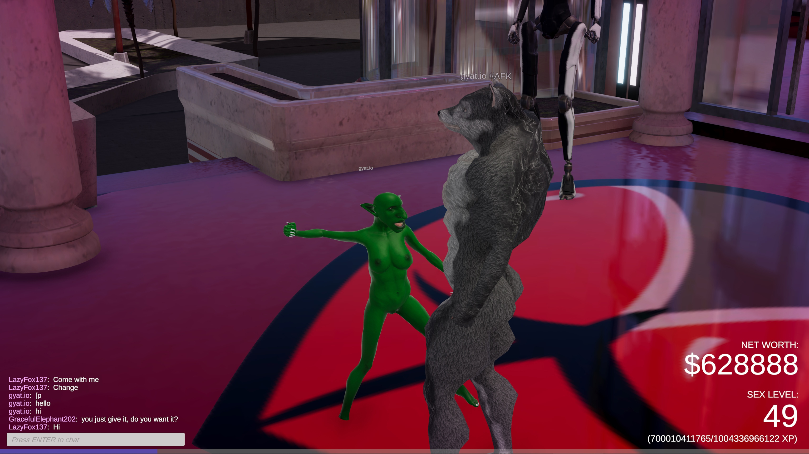 A green gobliness opens wide  teasing a werewolf avatar inside the club lobby. The polished floor glows beneath their feet  adding flair to the foreplay.