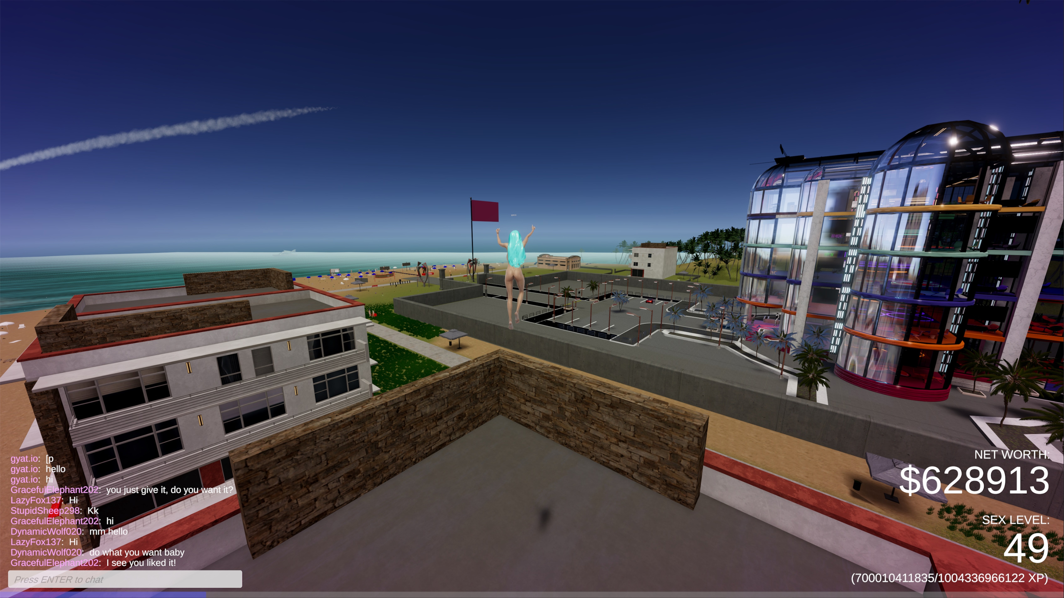 A mint-haired avatar soars off a rooftop toward the beach and city center below. Parkour  exhibitionism  and exploration all collide here. Game: Gyat.io