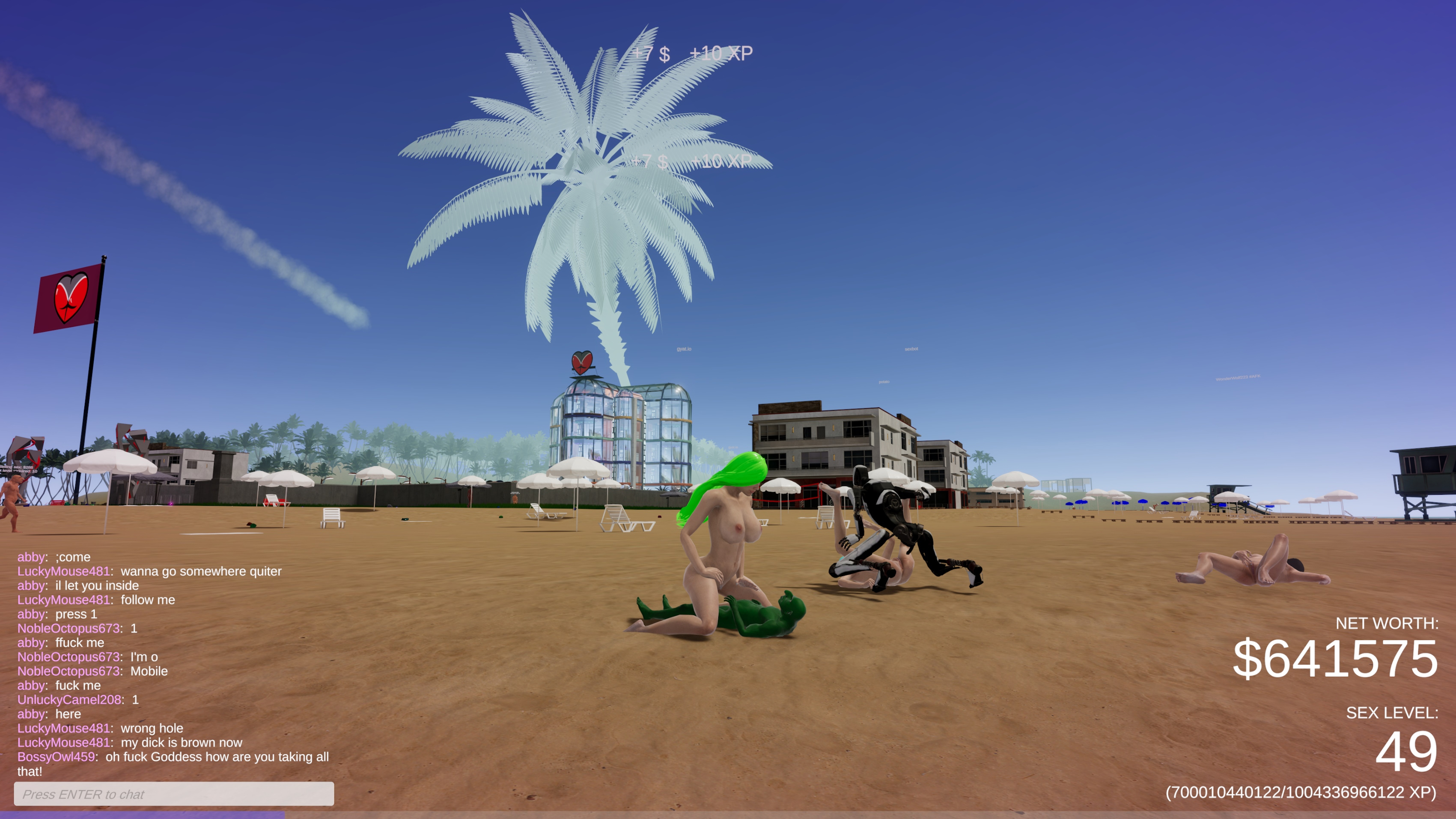 Goblin Cowgirl: The blonde-haired Supermodel straddles a goblin in full cowgirl position  surrounded by bots  other players  and beach umbrellas under the clear blue sky.