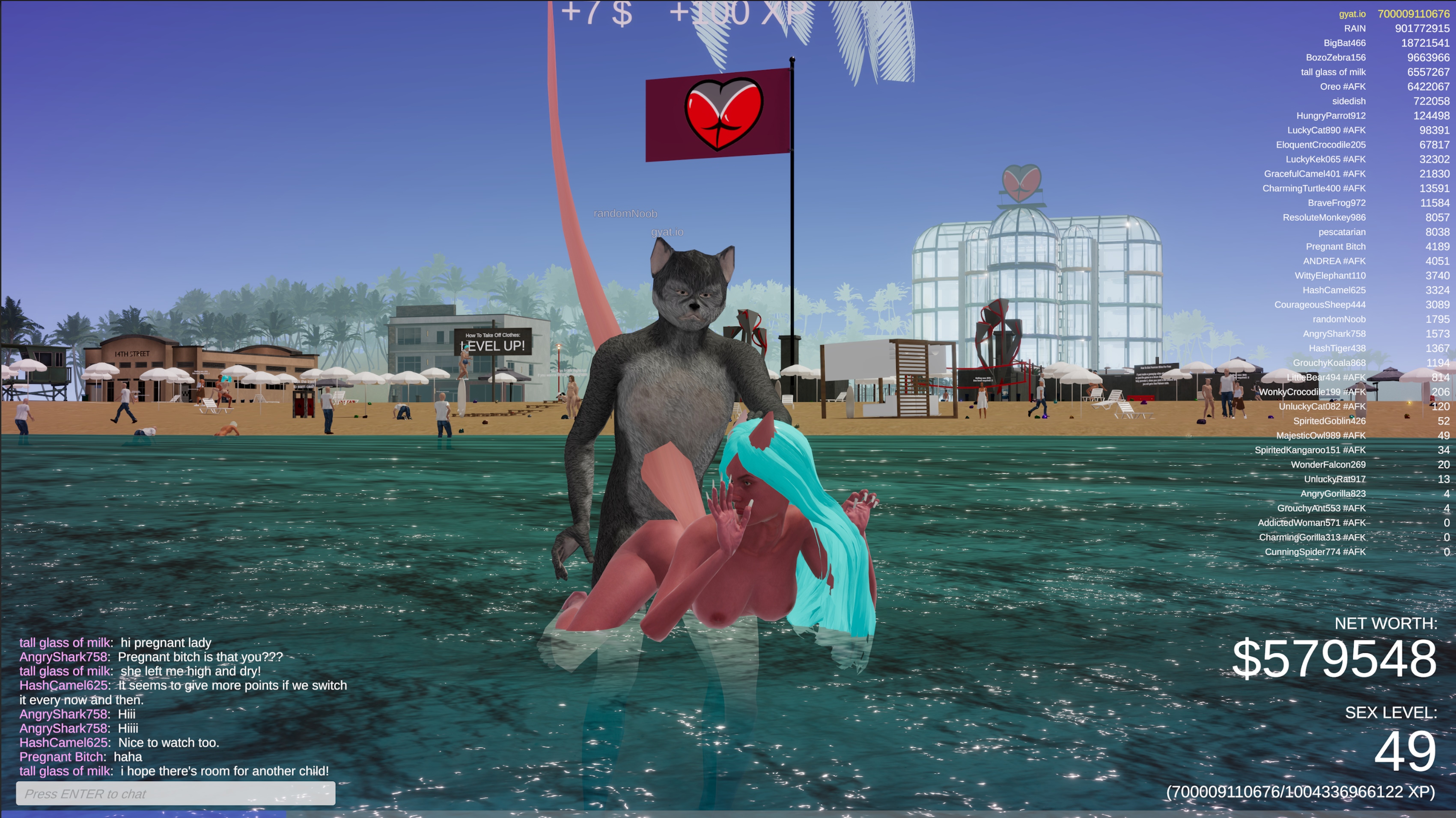 Submerged Passion With Catman: A light blue-haired succubus gets pounded by a cat-masked male in the ocean. The Gyat.io flag flies proudly in the background.