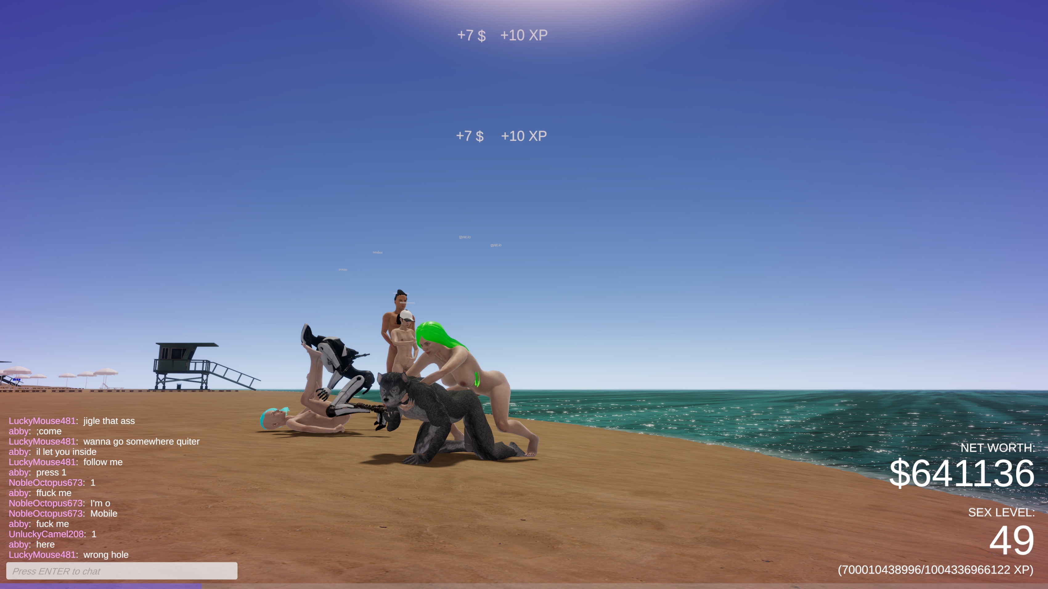 Double Trouble on the Beach: A green-haired woman rides a beastly avatar while other players enjoy their own kink combinations nearby. The scene is raw  chaotic  and beautifully sunlit.