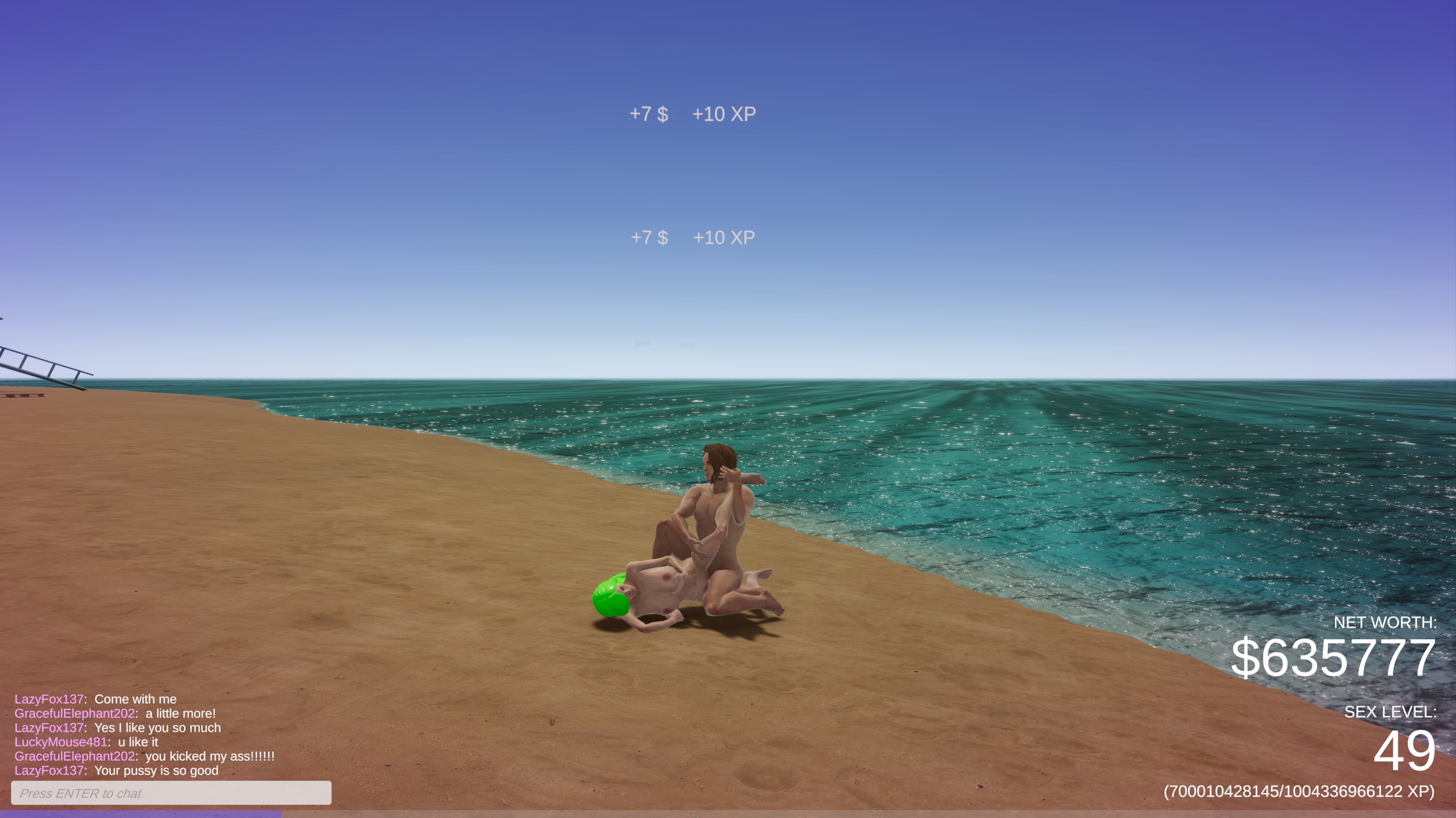Sex Game On The Beach:  A male avatar and a female avatar grind it out by the waves—XP and cash flowing freely.