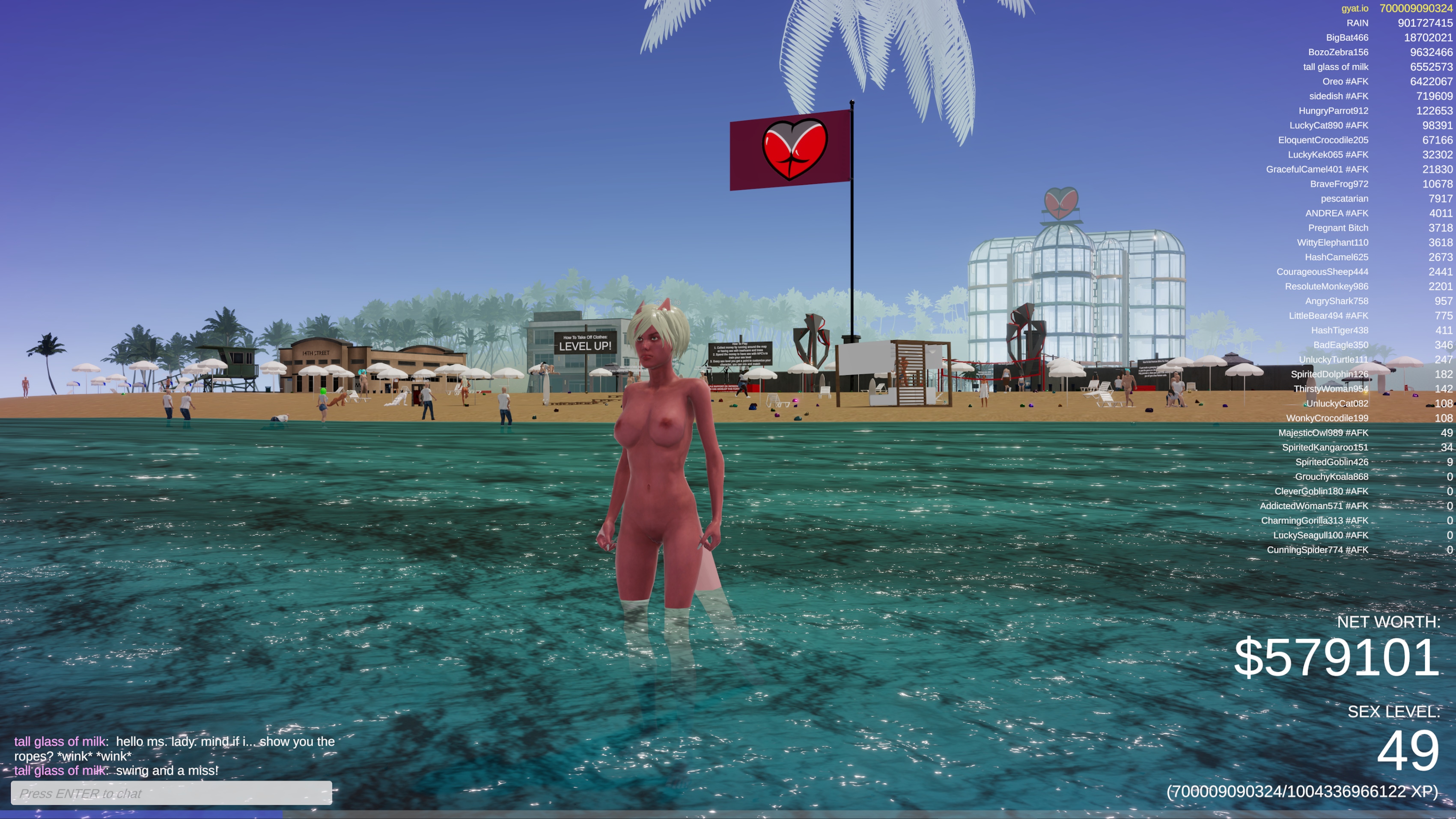 A pink-skinned female avatar stands waist-deep in the turquoise sea  facing the bustling island. Flags wave. Players mingle. The world pulses behind her.