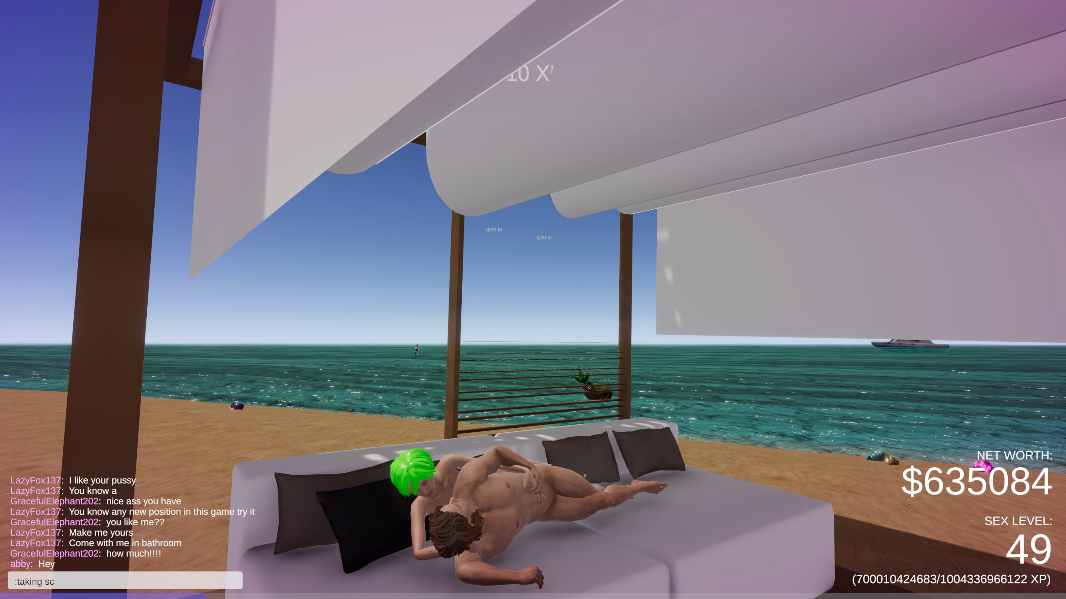 Sunbed Seduction: Two avatars cuddle on a shaded cabana bed  overlooking the ocean. The moment is intimate  unhurried  and drenched in warm seaside lighting.