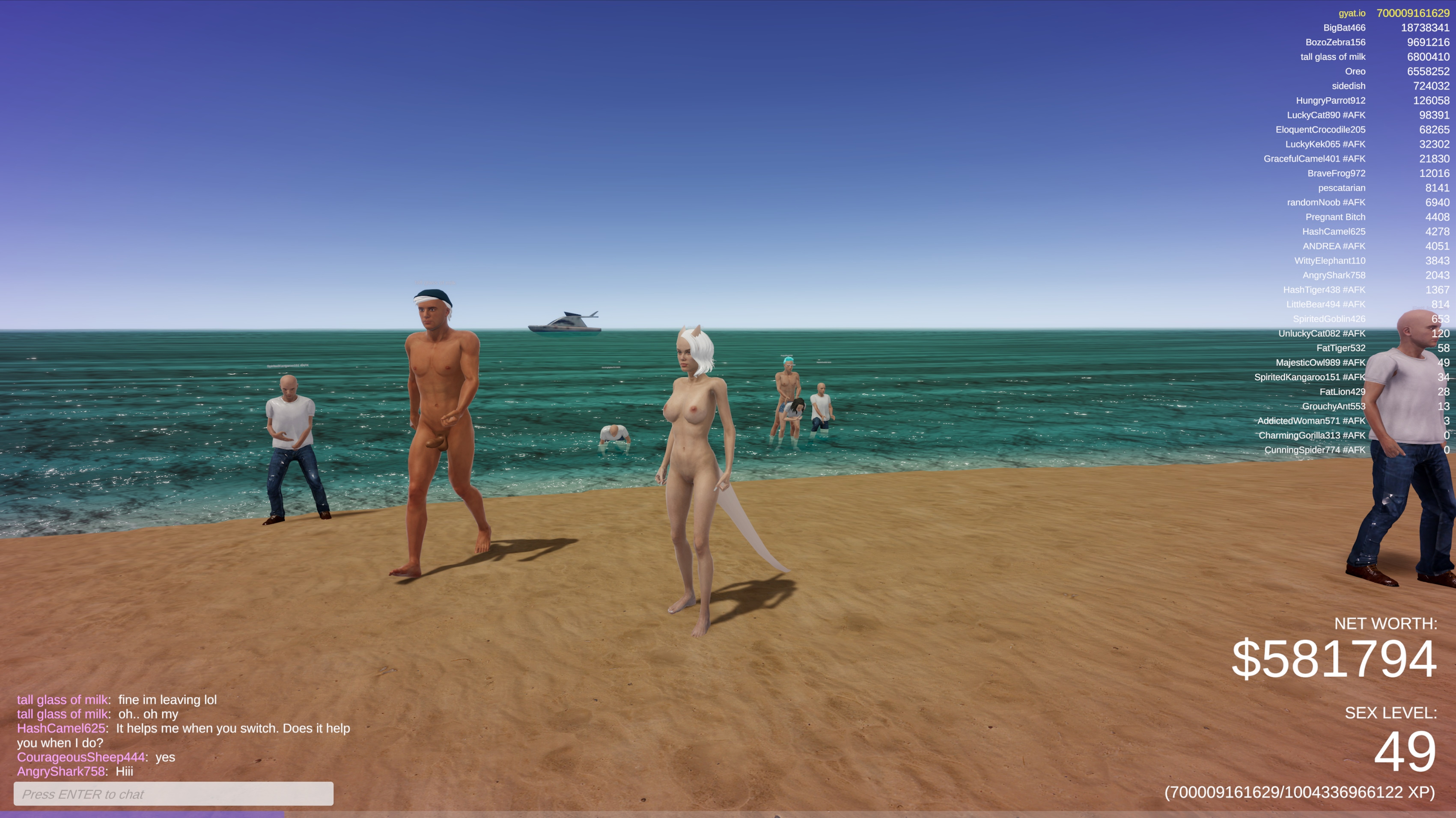 Gyat.io Beach Social Chaos: The beach scene is alive. A mix of clothed and nude avatars gather  interact  and flaunt their assets in full view of the open sea.