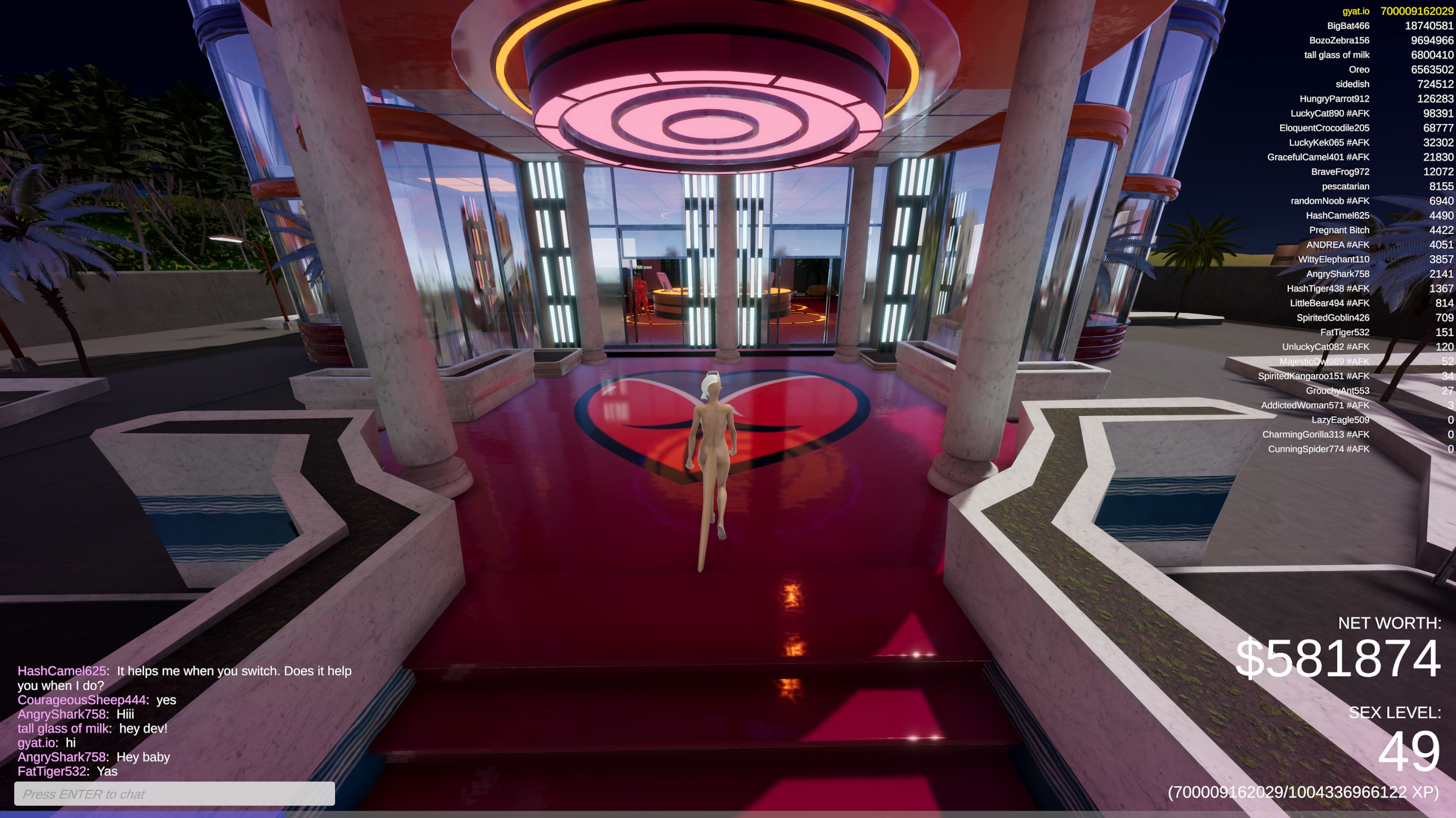 Entering the Love Club: A female avatar walks across the shiny heart-embossed lobby of the Love Club in Gyat.io  stepping into its throbbing core of lights  music  and potential lovers.