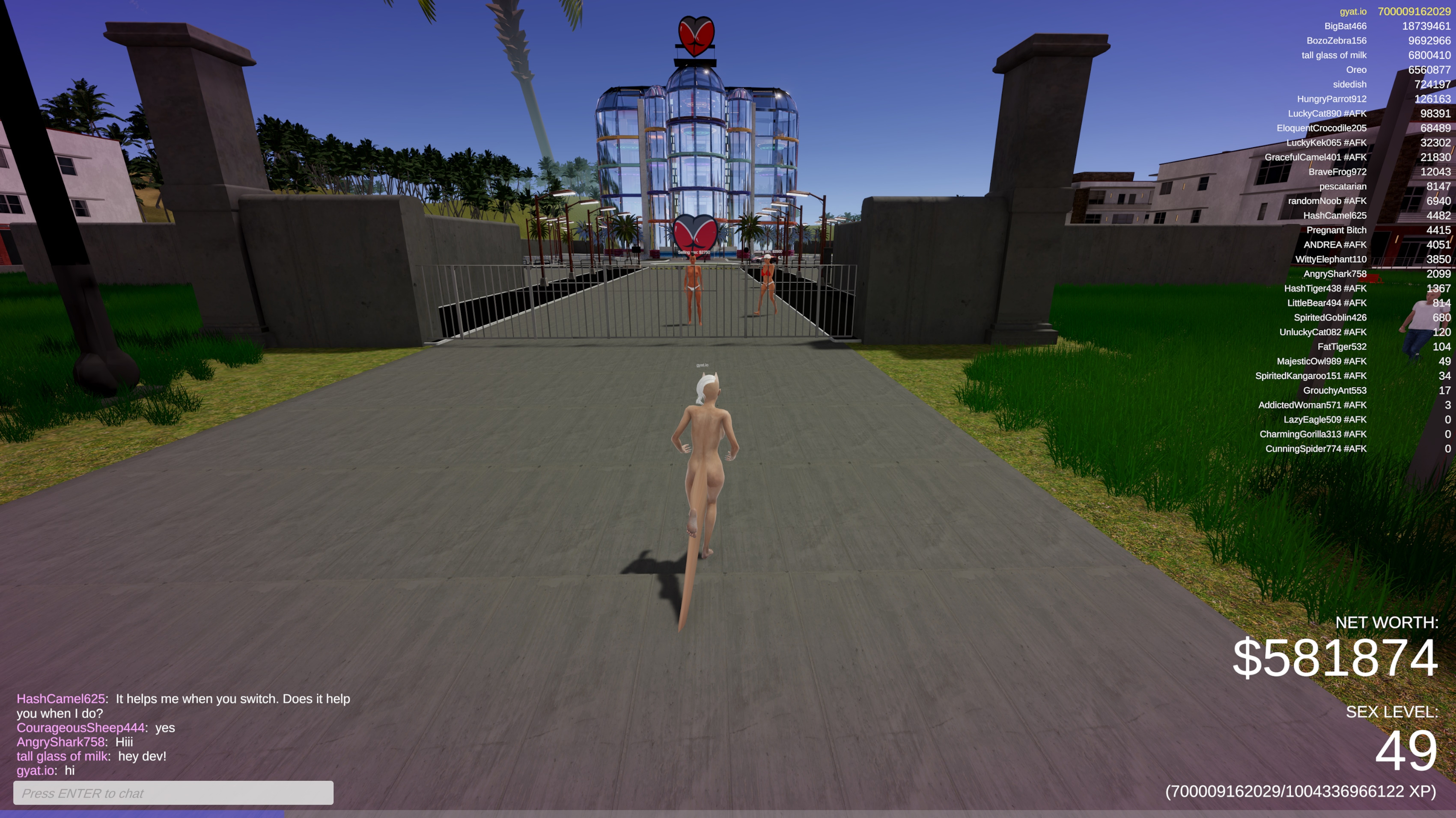 Just bought Gyat.io Patreon membership: A player who just bought a Patreon membership eagerly runs to enter the Nectar Nightclub for the first time.