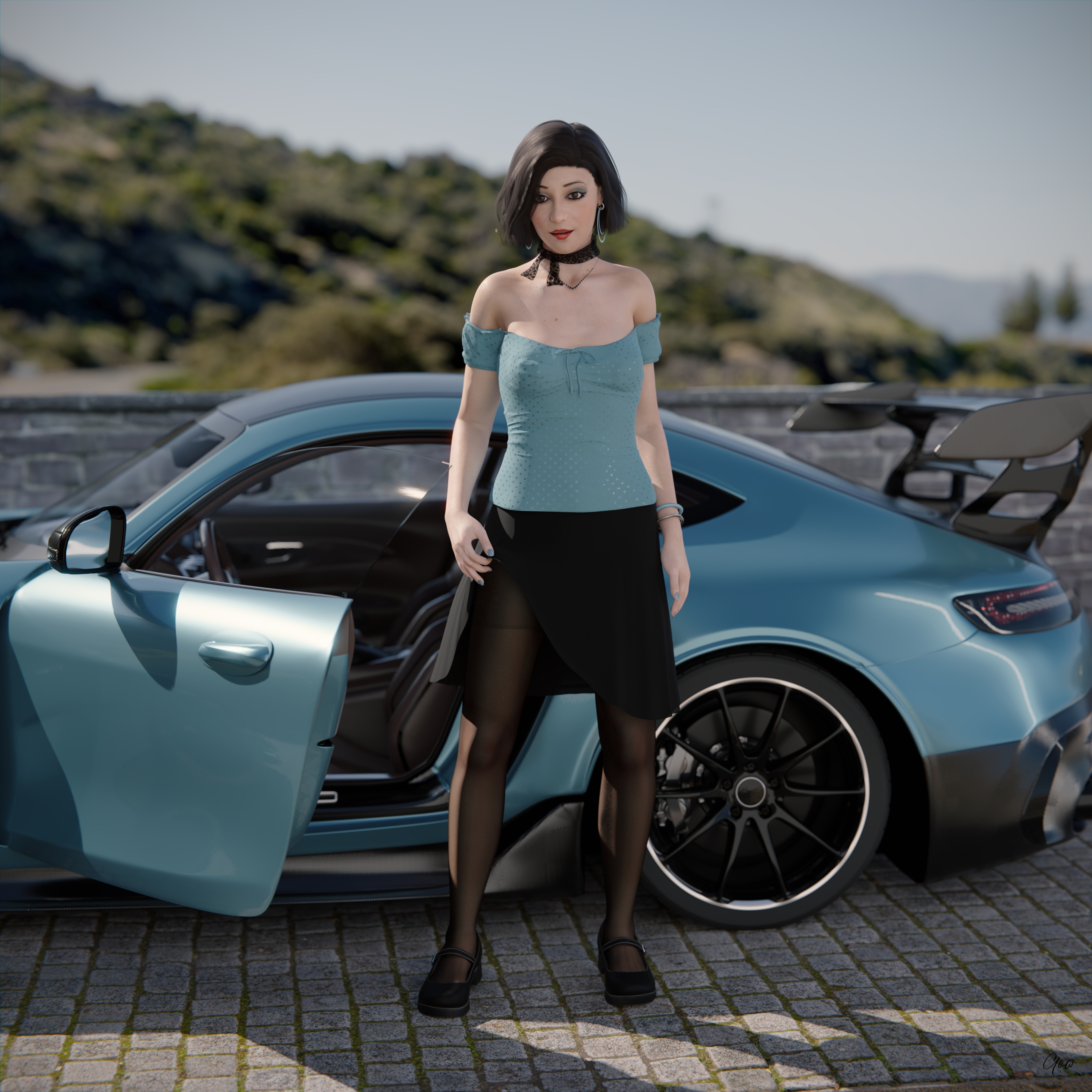 Wind on Blue (Part 2) Original Wife Outdoor Car Milf Sexy Brunette Nylon Pantyhose Upskirt Skirt Undressing Clothed Posing Standing No Panties Party Dress Wet Pussy Sexy Hairy Pussy