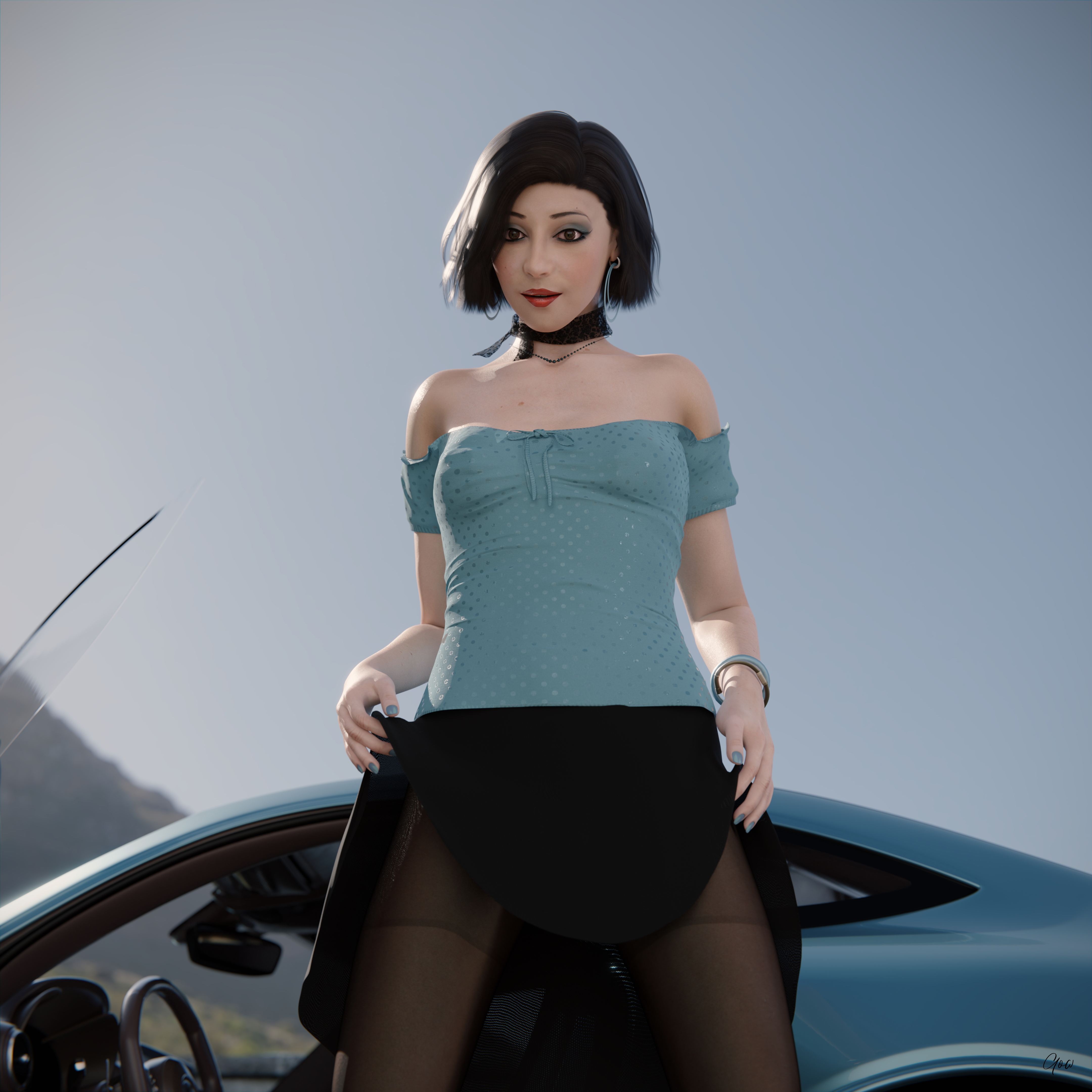 Wind on Blue (Part 2) Original Wife Outdoor Car Milf Sexy Brunette Nylon Pantyhose Upskirt Skirt Undressing Clothed Posing Standing No Panties Party Dress Wet Pussy Sexy Hairy Pussy 2