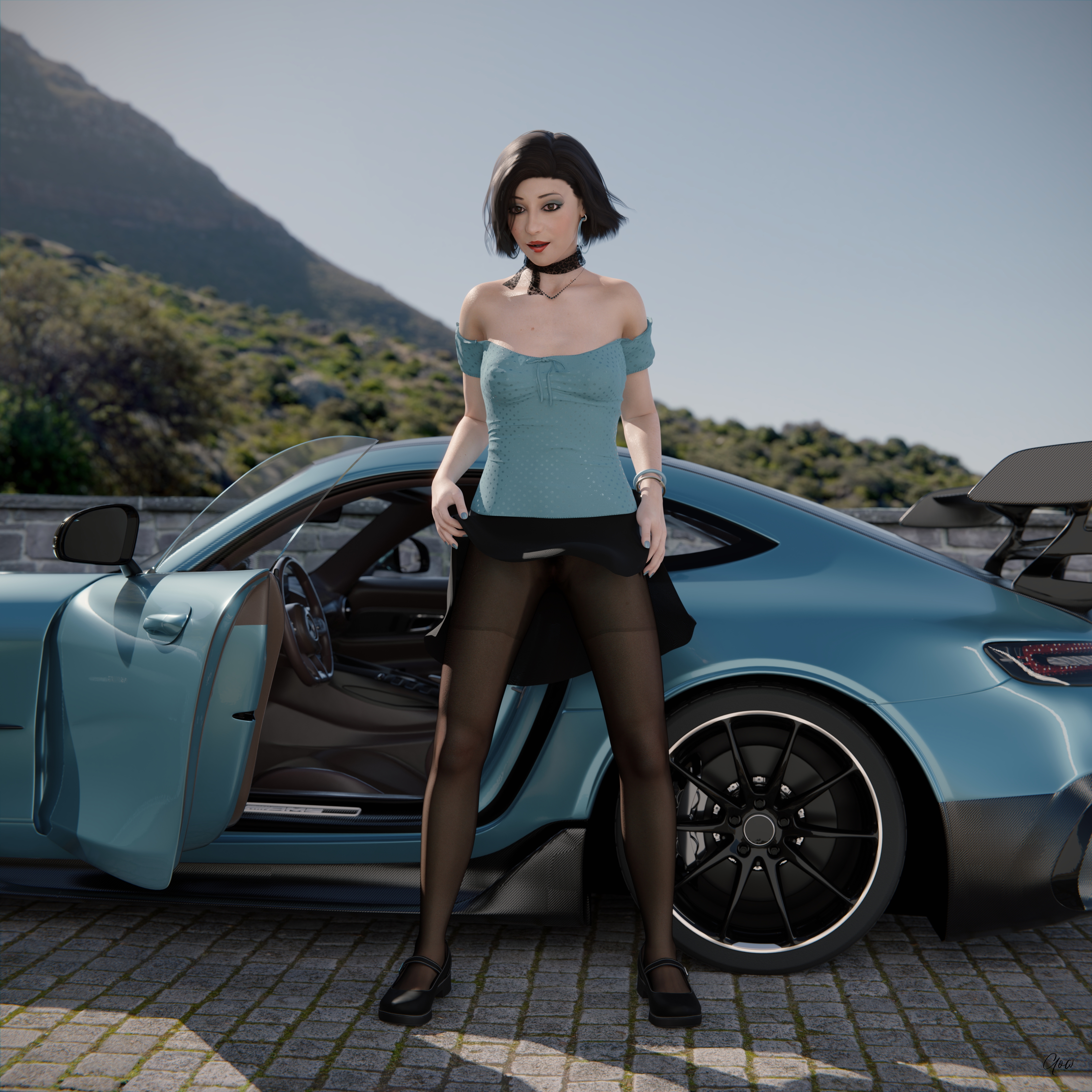 Wind on Blue (Part 2) Original Wife Outdoor Car Milf Sexy Brunette Nylon Pantyhose Upskirt Skirt Undressing Clothed Posing Standing No Panties Party Dress Wet Pussy Sexy Hairy Pussy 3